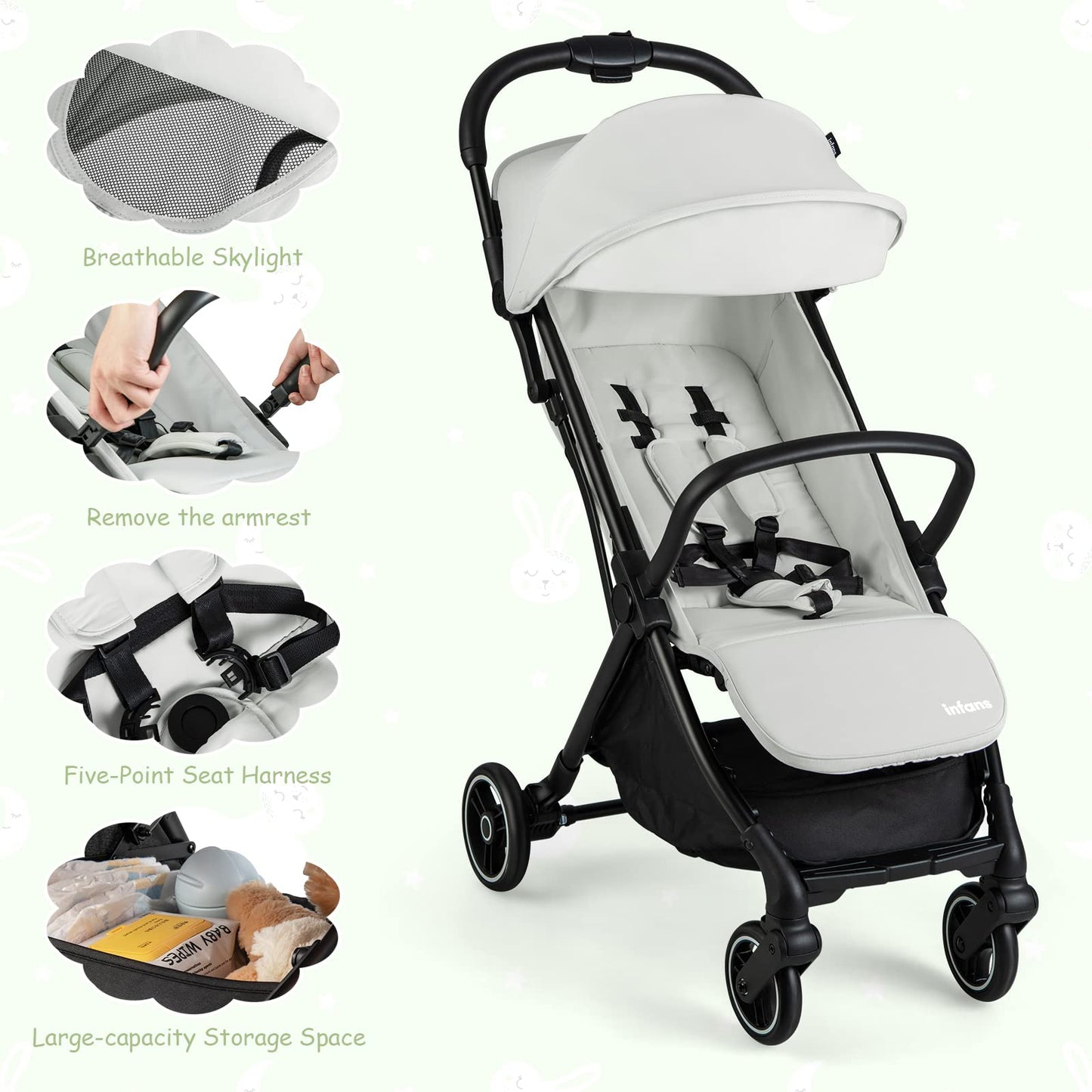 INFANS Lightweight Baby Stroller, One-Hand Gravity Fold, Compact Travel Stroller for Airplane with Aluminium Frame, Adjustable Backrest and Canopy, Foldable Infant Toddler Stroller for 0-36 Month