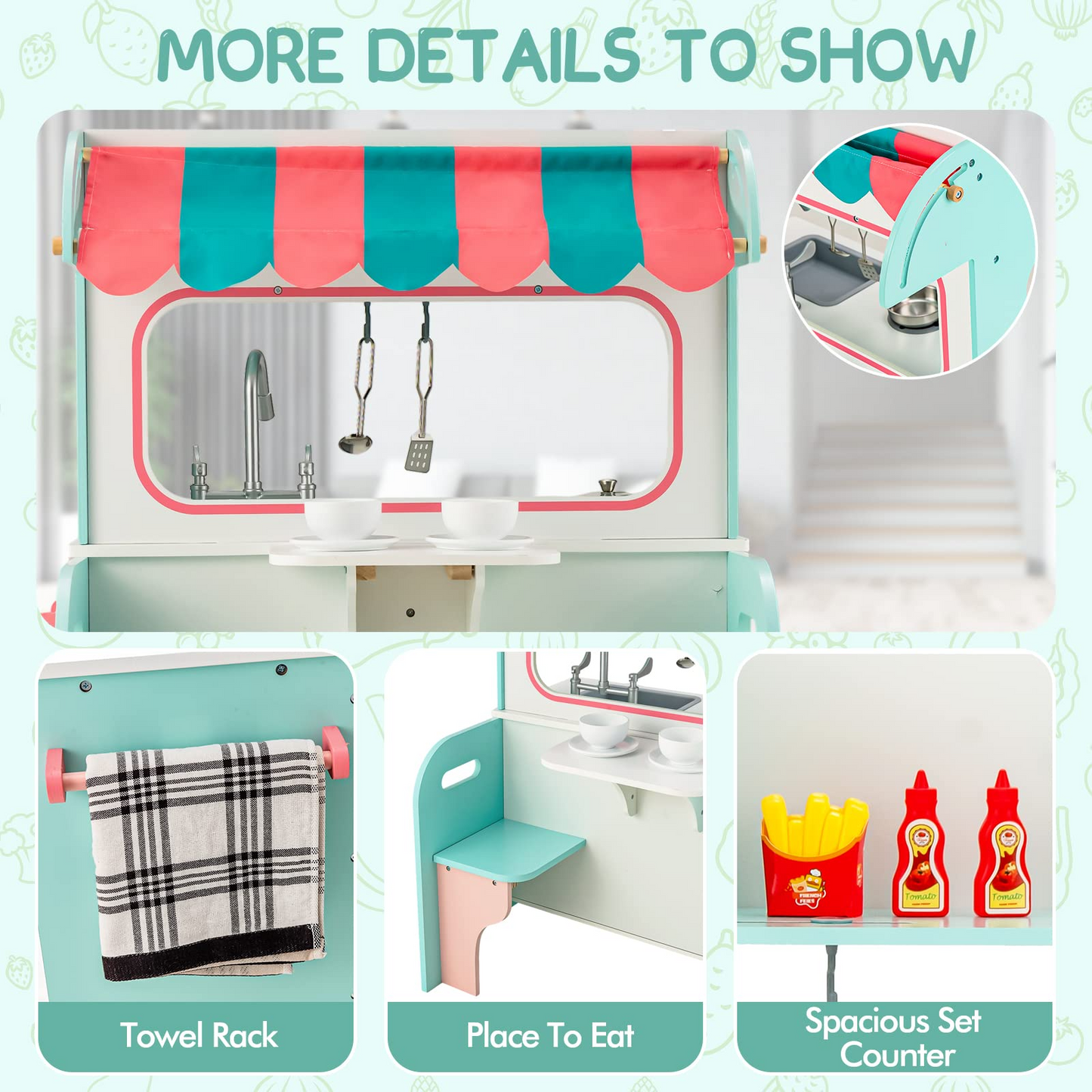 OLAKIDS 2 in 1 Kids Play Kitchen and Restaurant, Double Sided Toddler Wooden Pretend Cooking Set with Stove Sink Microwave Storage Cabinet OLAKIDS