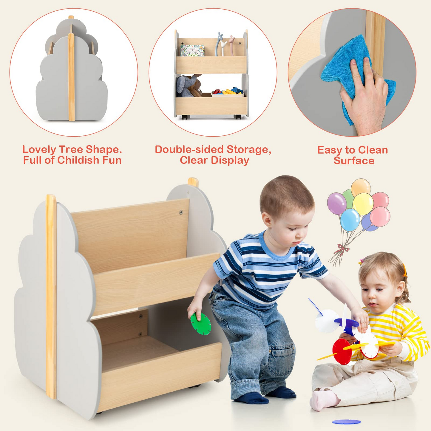 OLAKIDS Kids Bookshelf with Wheels, Wooden Bookcase Toy Storage Cabinet Organizer Holder OLAKIDS