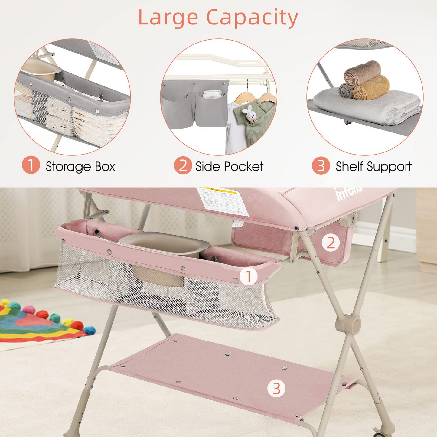 OLAKIDS Portable Baby Changing Table, Folding Diaper Dresser Station with Wheels, Adjustable Height, Safety Belt, Drying and Storage Rack OLAKIDS