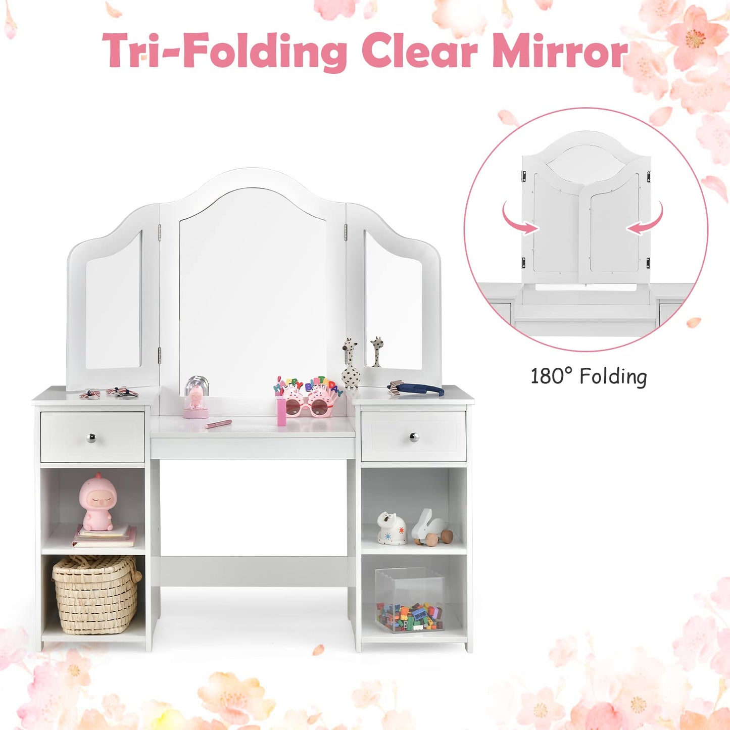 OLAKIDS Kids Vanity, 2 in 1 Princess Makeup Desk and Chair Set with Drawers Tri-Folding Detachable Mirror Large Storage Shelves