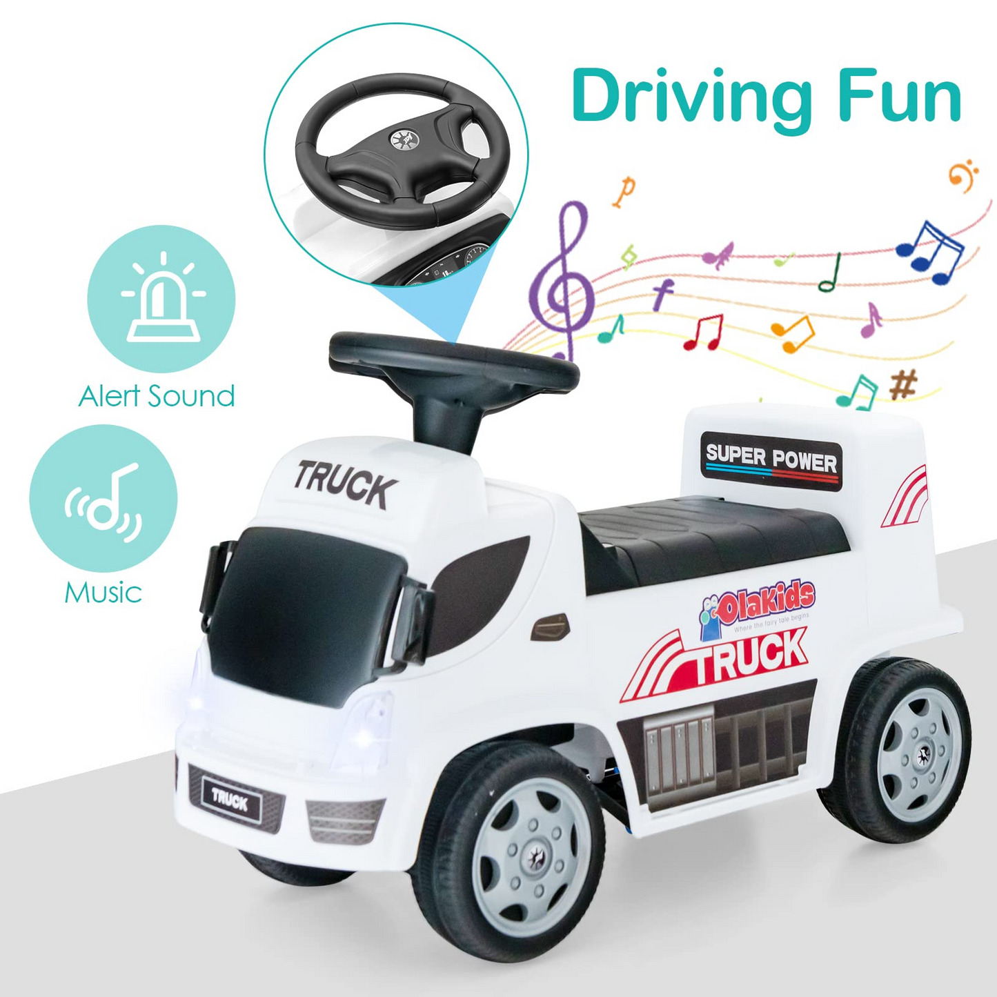 OLAKIDS Kids Ride On Push Car, 2 in 1 Foot-to-Floor Sliding Truck with Detachable Trailer, Steering Wheel, Headlights, Music, Alarm Sound, Toy Walker Gift for Toddlers Age 1.5-3 Boys Girls OLAKIDS