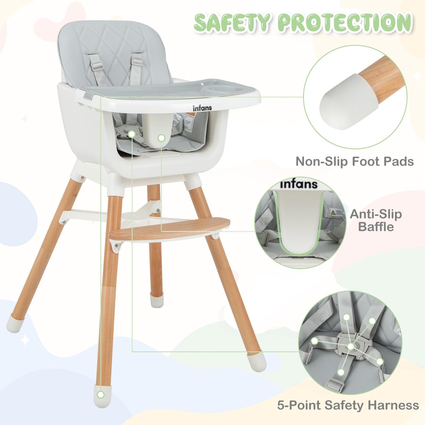 OLAKIDS Baby High Chair, 6 in 1 Convertible Wooden Highchair, Infant Feeding Chair