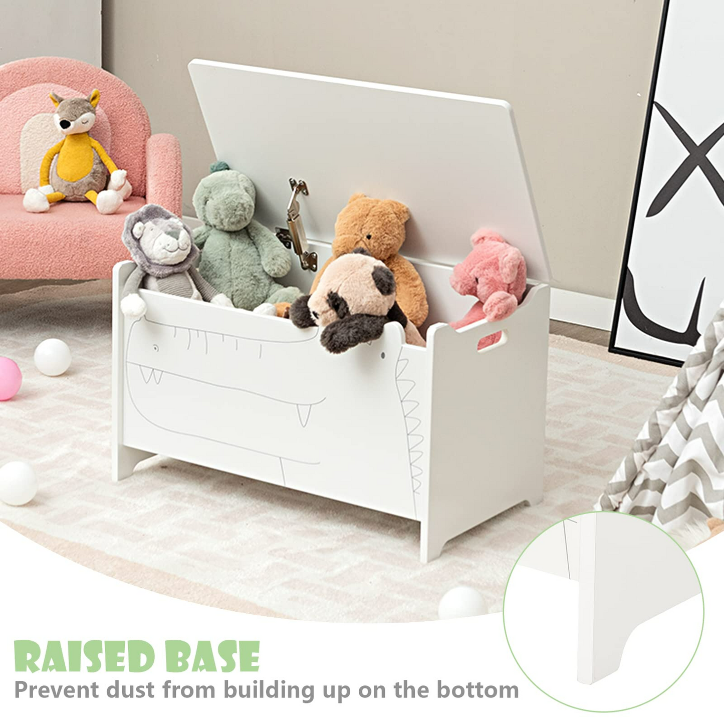 OLAKIDS Wooden Toy Chest , Wide Kids Toy Box Storage Space with Safety Hinge and Handles OLAKIDS