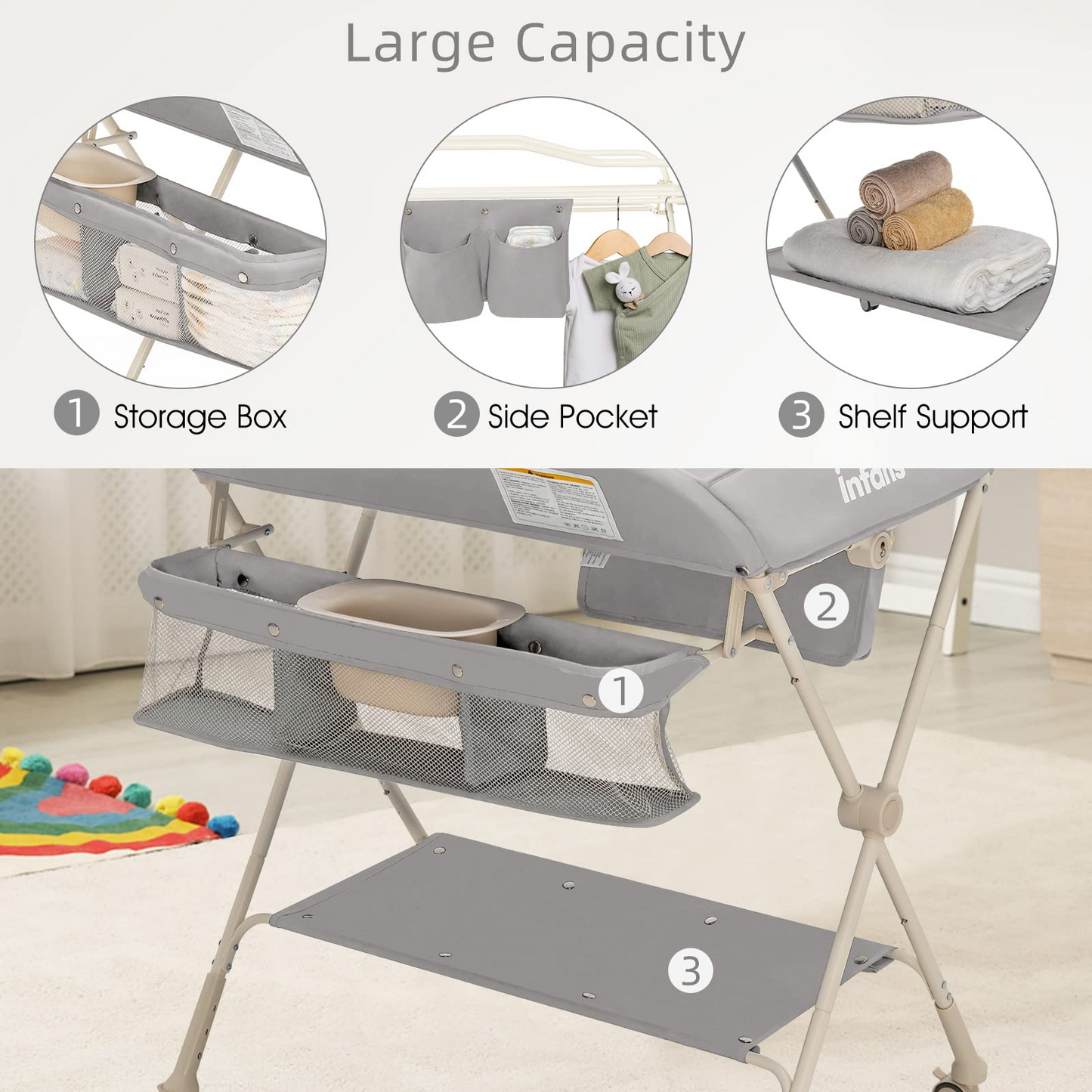 OLAKIDS Portable Baby Changing Table, Folding Diaper Dresser Station with Wheels, Adjustable Height, Safety Belt, Drying and Storage Rack OLAKIDS