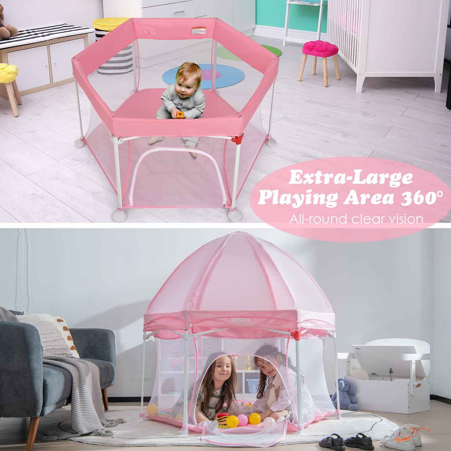 Portable Foldable 53" Baby Playpen with Mesh & UV Canopy OLAKIDS