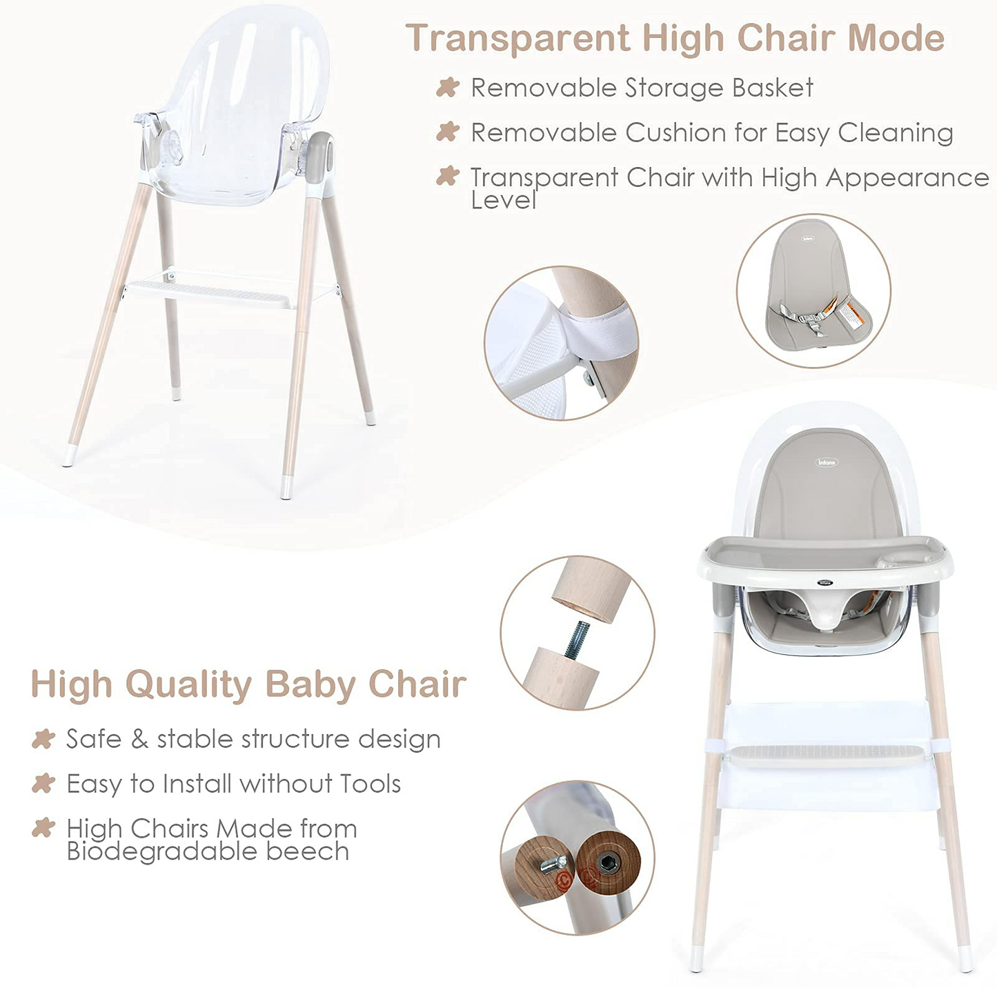 OLAKIDS 4 in 1 Wooden Baby High Chair, Rocking Chair/Booster Seat/Toddler Chair Infant Dining Chairs w/ Double Removable Tray OLAKIDS