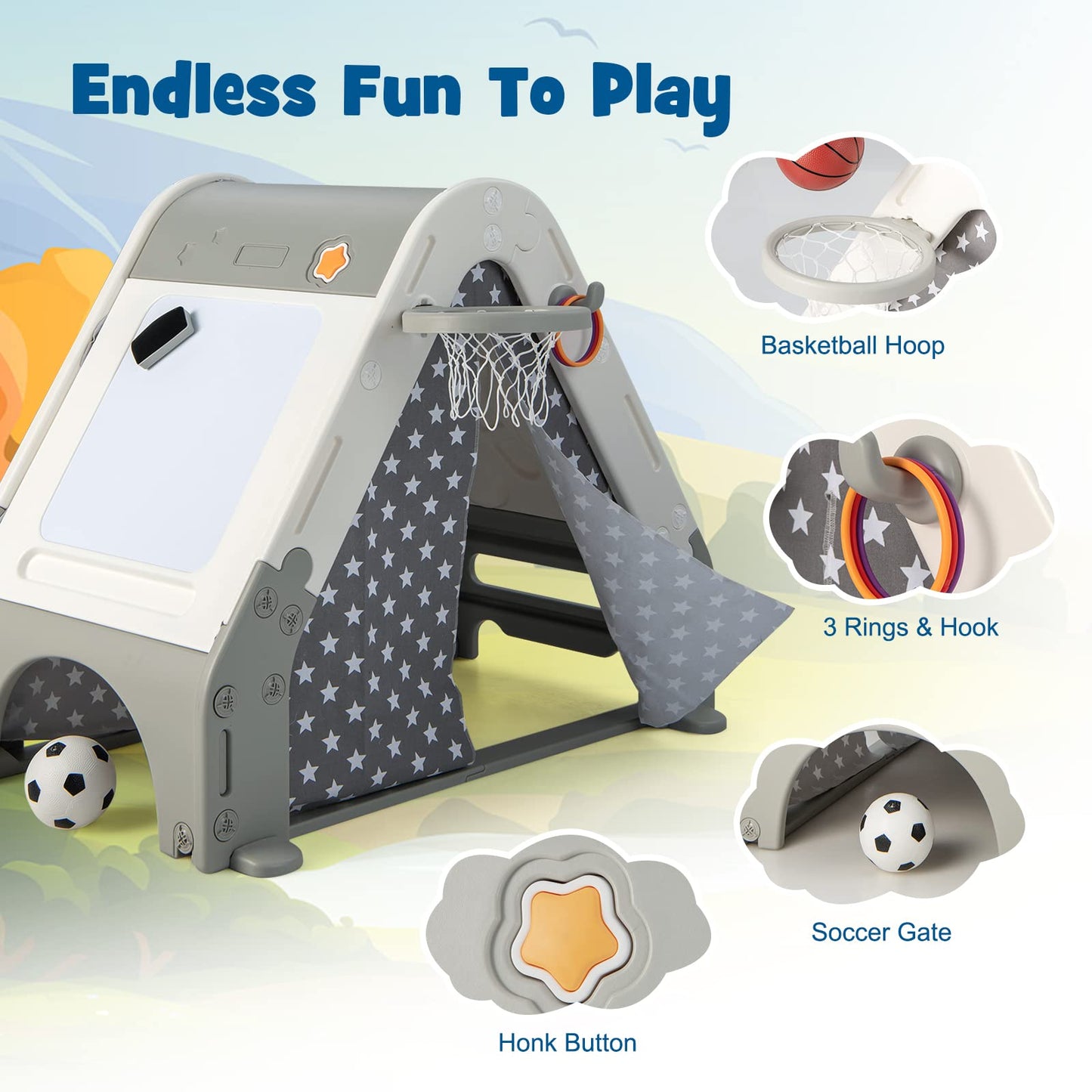 OLAKIDS Triangle Climber with Tent, Kids Hideaway Play Tent with Art Easel