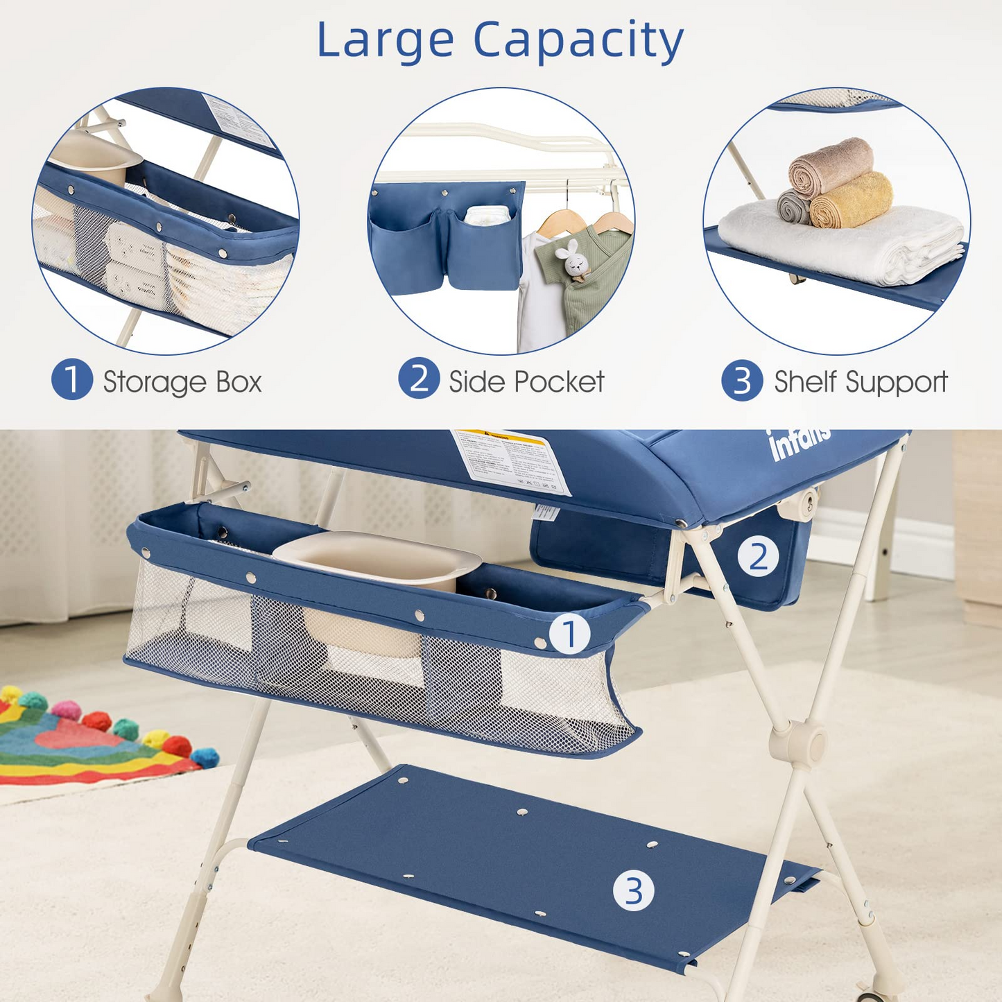 OLAKIDS Portable Baby Changing Table, Folding Diaper Dresser Station with Wheels, Adjustable Height, Safety Belt, Drying and Storage Rack OLAKIDS