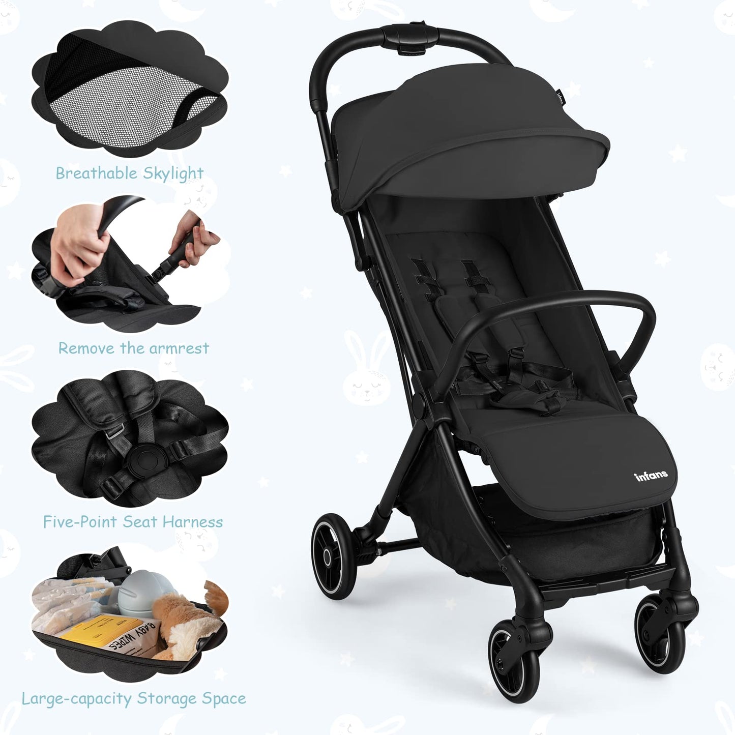 INFANS Lightweight Baby Stroller, One-Hand Gravity Fold, Compact Travel Stroller for Airplane with Aluminium Frame, Adjustable Backrest and Canopy, Foldable Infant Toddler Stroller for 0-36 Month