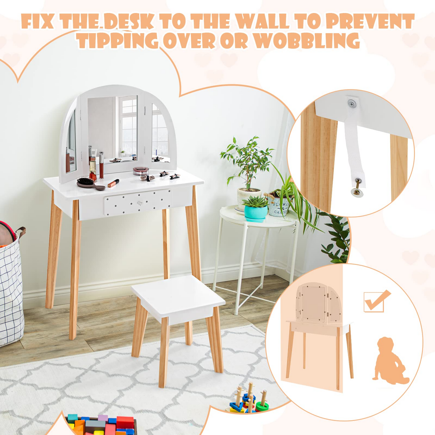 OLAKIDS Kids Vanity Table and Chair Set, Pretend Beauty Play Vanity Set with Tri-Folding Mirror Drawer Stool and Detachable Top, 2 in 1 Wooden Princess Makeup Dressing Table for Girls OLAKIDS