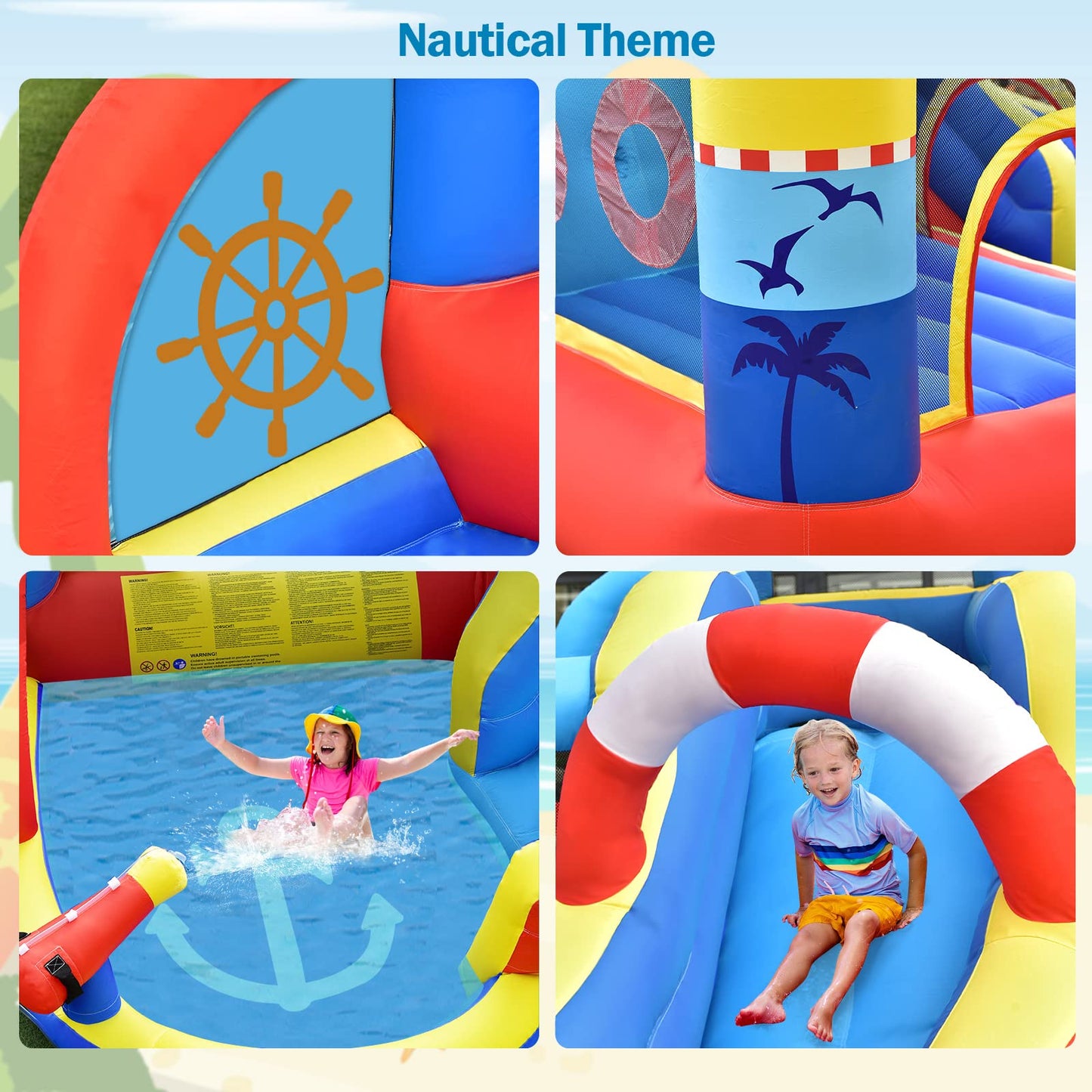 Inflatable Water Slides, Nautical Themed Bouncy House with Slide, Splash Pool, Climbing Wall, Water Gun