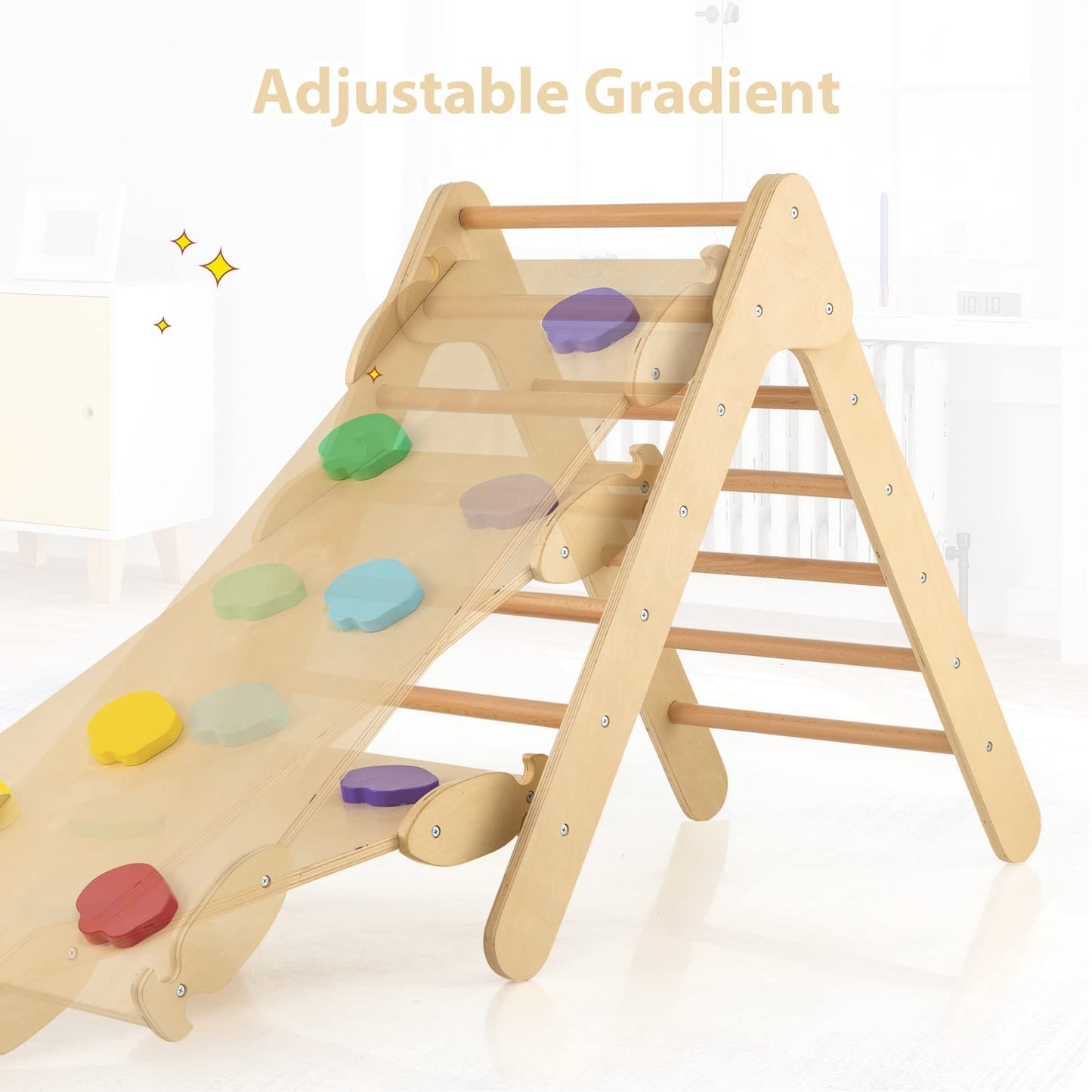 OLAKIDS Toddlers Triangle Climber, 3 in 1 Montessori Kids Wood Climbing Toy with Ramp, Ladder, Slide