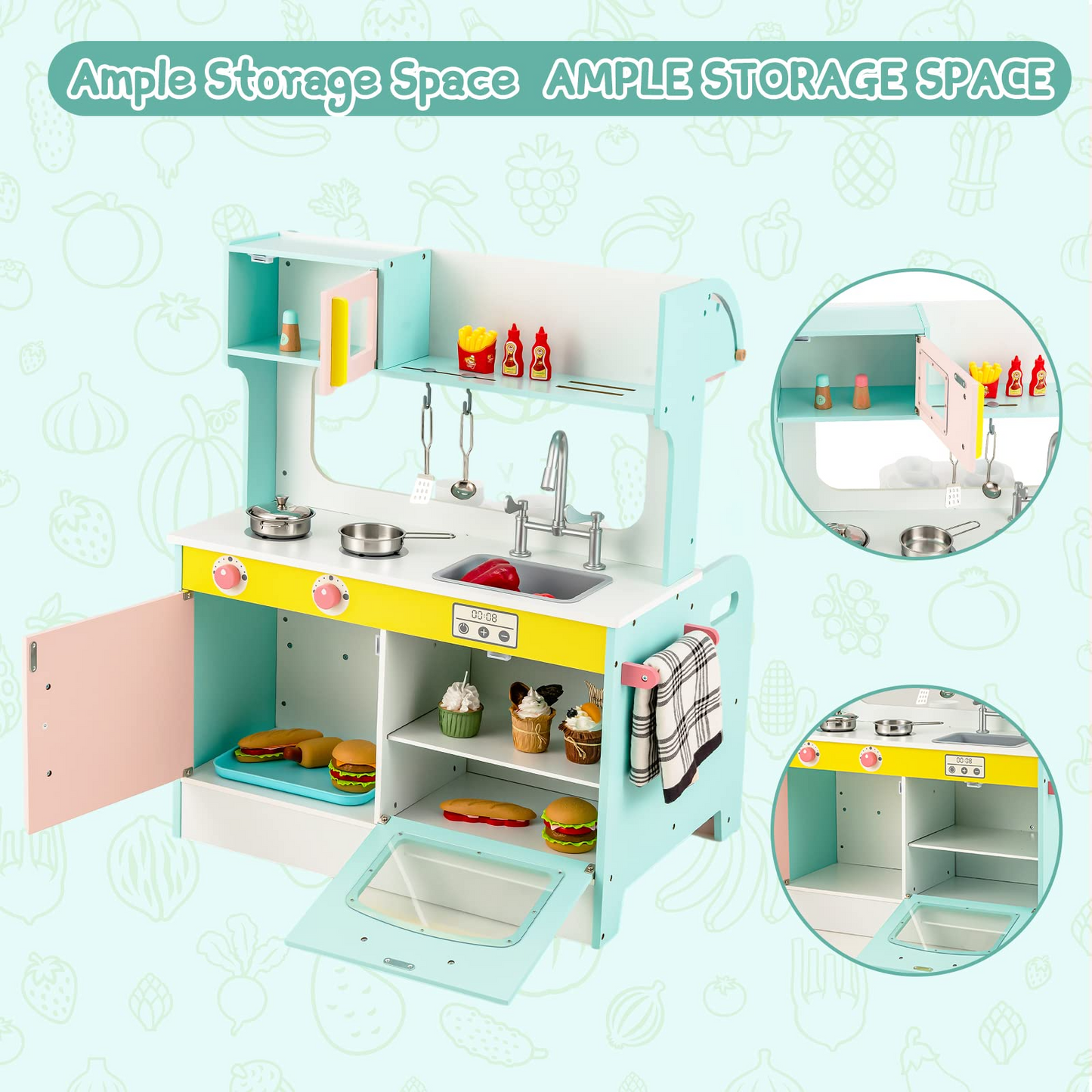 OLAKIDS 2 in 1 Kids Play Kitchen and Restaurant, Double Sided Toddler Wooden Pretend Cooking Set with Stove Sink Microwave Storage Cabinet OLAKIDS