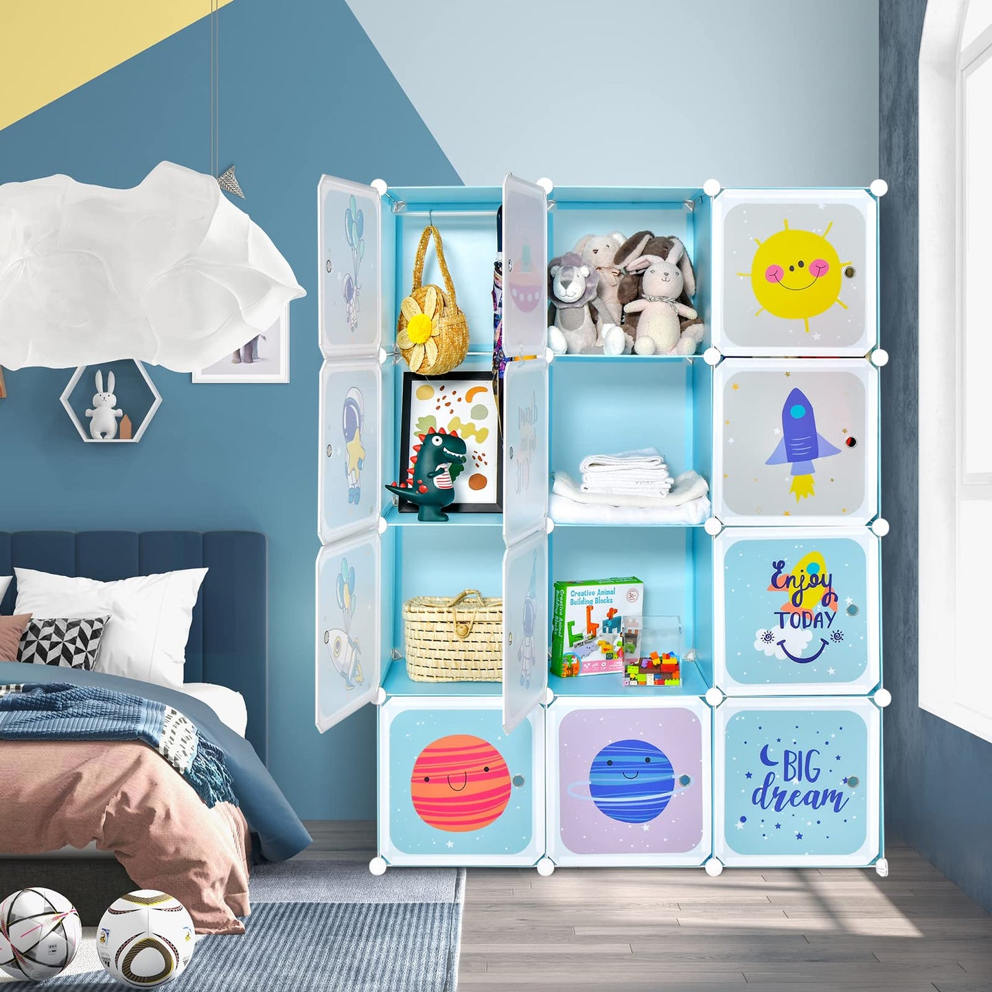 INFANS Children Wardrobe, Kid Closet Portable Baby Dresser Cute for Kids Bedroom Nursery Armoire with Doors 12 Cube 2 Hanging Sections, Kid Clothes Storage Organizer