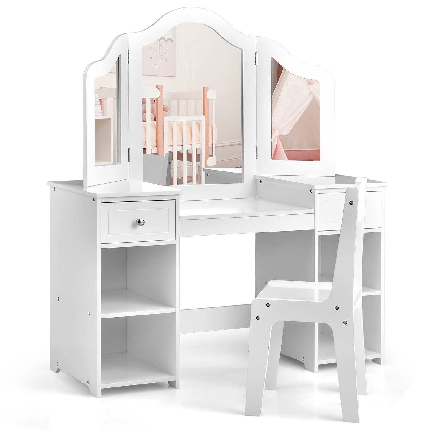 OLAKIDS Kids Vanity, 2 in 1 Princess Makeup Desk and Chair Set with Drawers Tri-Folding Detachable Mirror Large Storage Shelves