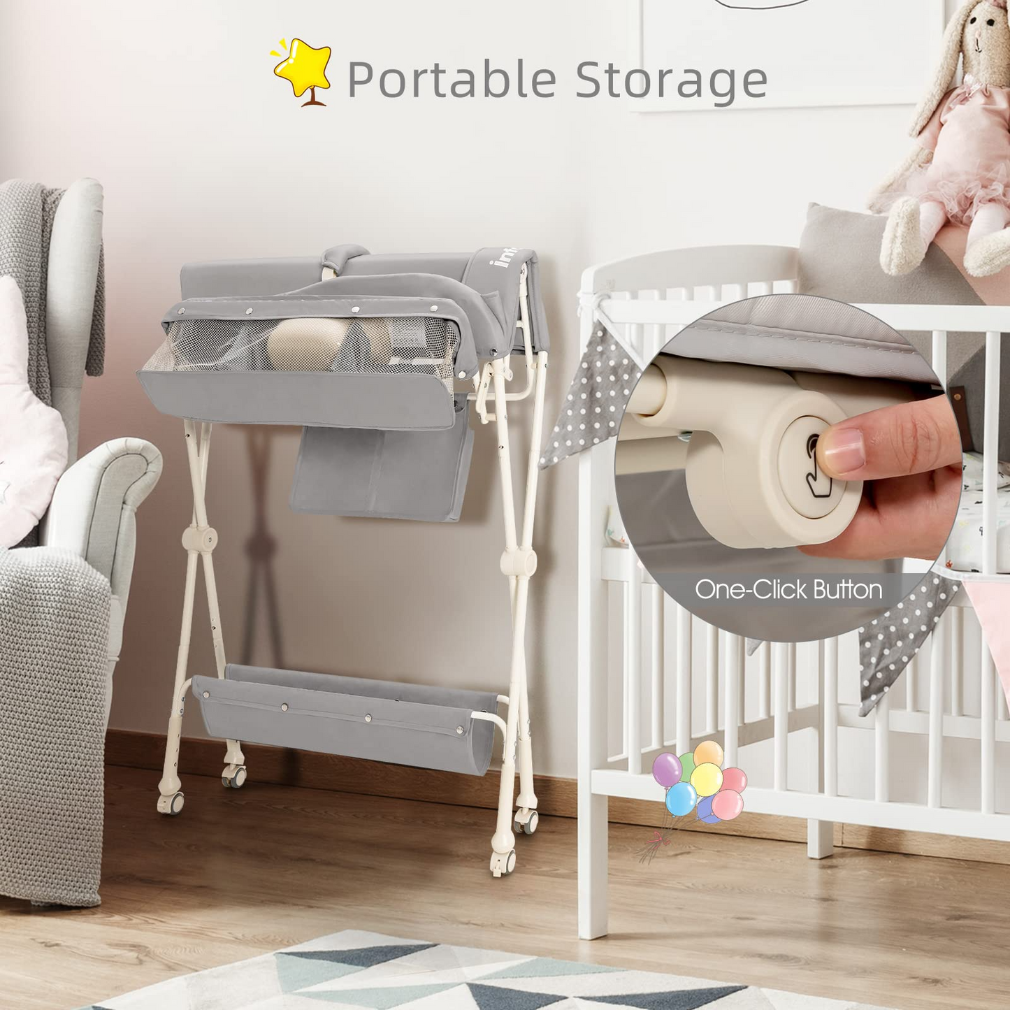 OLAKIDS Portable Baby Changing Table, Folding Diaper Dresser Station with Wheels, Adjustable Height, Safety Belt, Drying and Storage Rack OLAKIDS