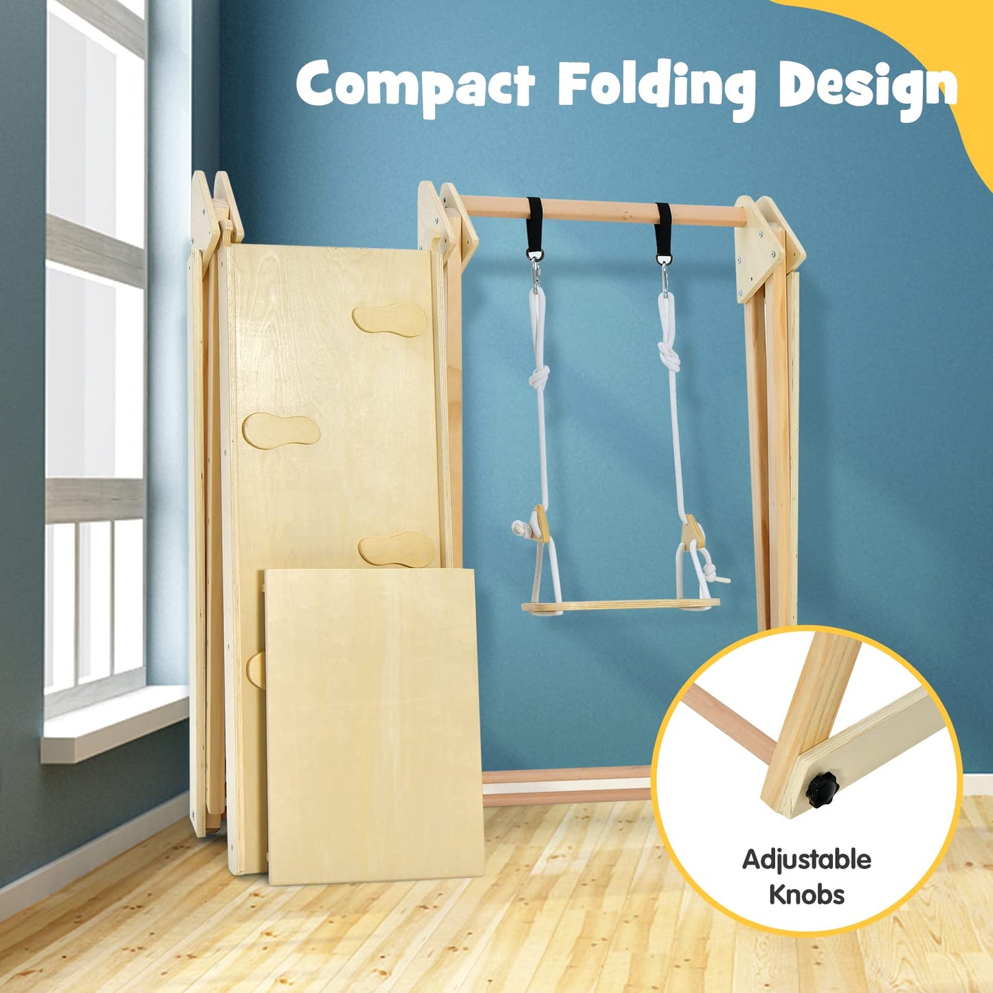 OLAKIDS Toddlers Triangle Climbing Set, 4 in 1 Foldable Kids Wood Montessori Climber Ladder with Ramp, Slide and Swing, Indoor Outdoor Playground Jungle Play Gym Structure for Boys Girls