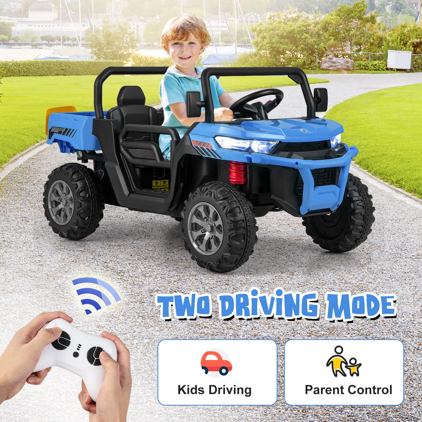12V Electric Vehicle Dump Truck with Remote Control, Dump Bed and Extra Shovel OLAKIDS