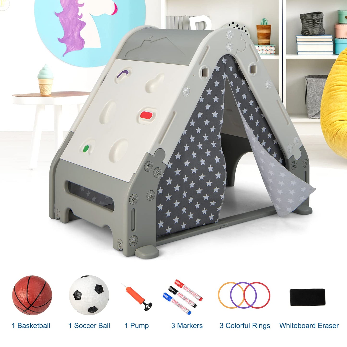 OLAKIDS Triangle Climber with Tent, Kids Hideaway Play Tent with Art Easel
