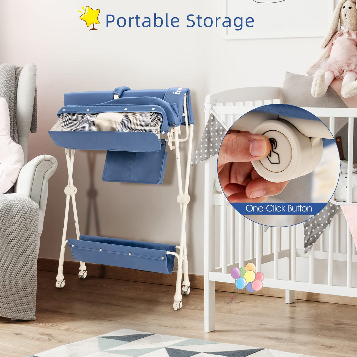 OLAKIDS Portable Baby Changing Table, Folding Diaper Dresser Station with Wheels, Adjustable Height, Safety Belt, Drying and Storage Rack OLAKIDS