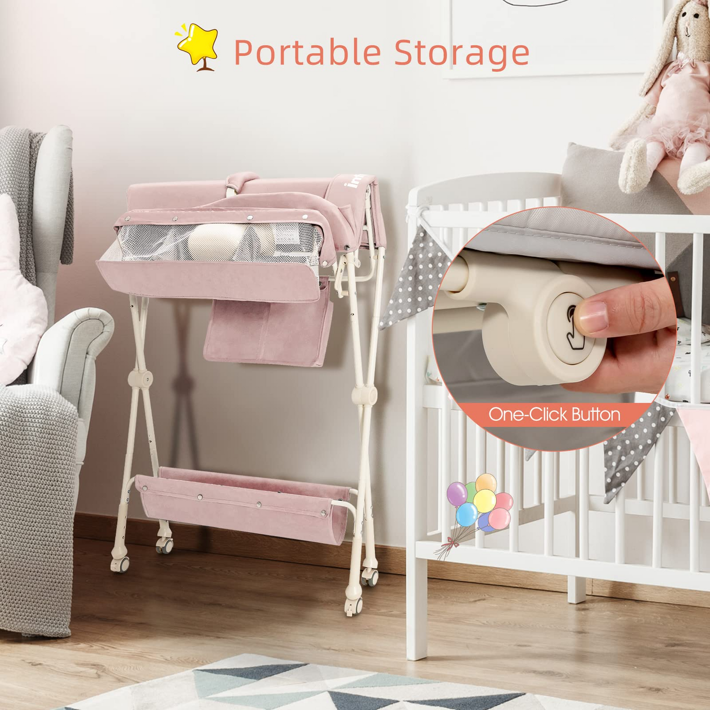 OLAKIDS Portable Baby Changing Table, Folding Diaper Dresser Station with Wheels, Adjustable Height, Safety Belt, Drying and Storage Rack OLAKIDS