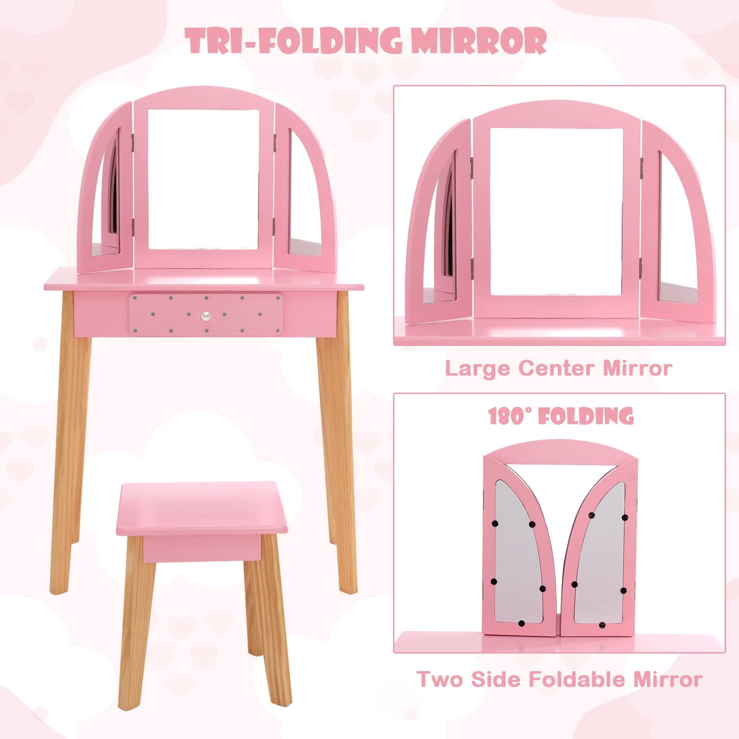 OLAKIDS Kids Vanity Table and Chair Set, Pretend Beauty Play Vanity Set with Tri-Folding Mirror Drawer Stool and Detachable Top, 2 in 1 Wooden Princess Makeup Dressing Table for Girls OLAKIDS
