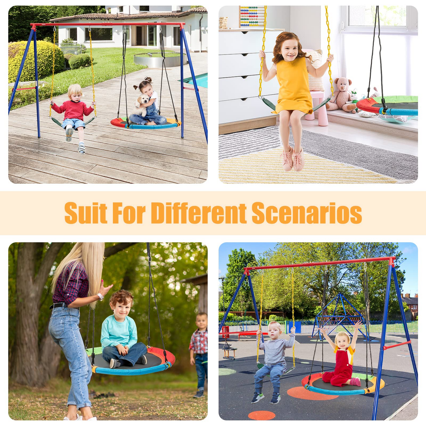 Kids Toddler Toy Adjustable Saucer Swing and Heavy Duty Belt Swing Seat for Indoor Outdoor Activity OLAKIDS