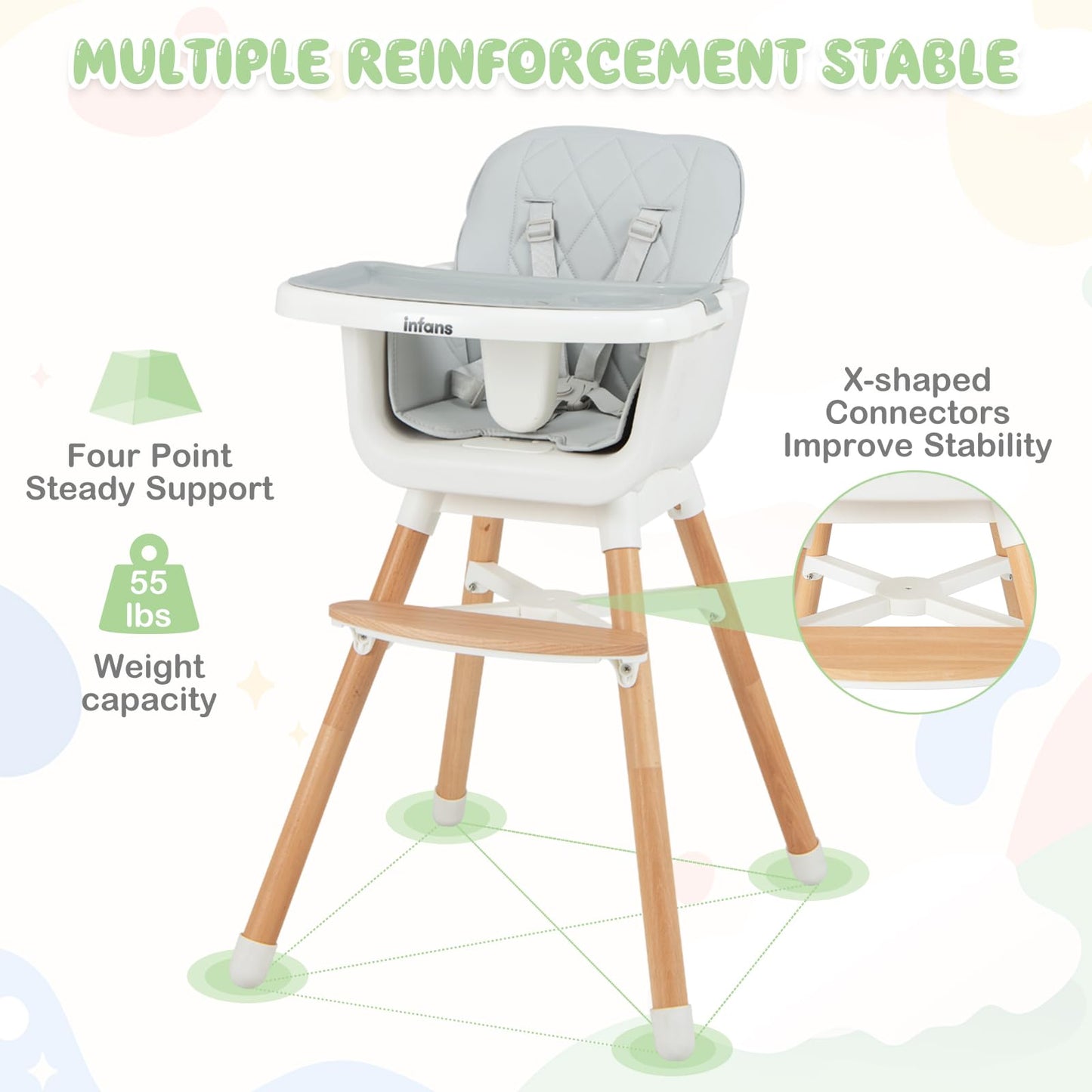 OLAKIDS Baby High Chair, 6 in 1 Convertible Wooden Highchair, Infant Feeding Chair