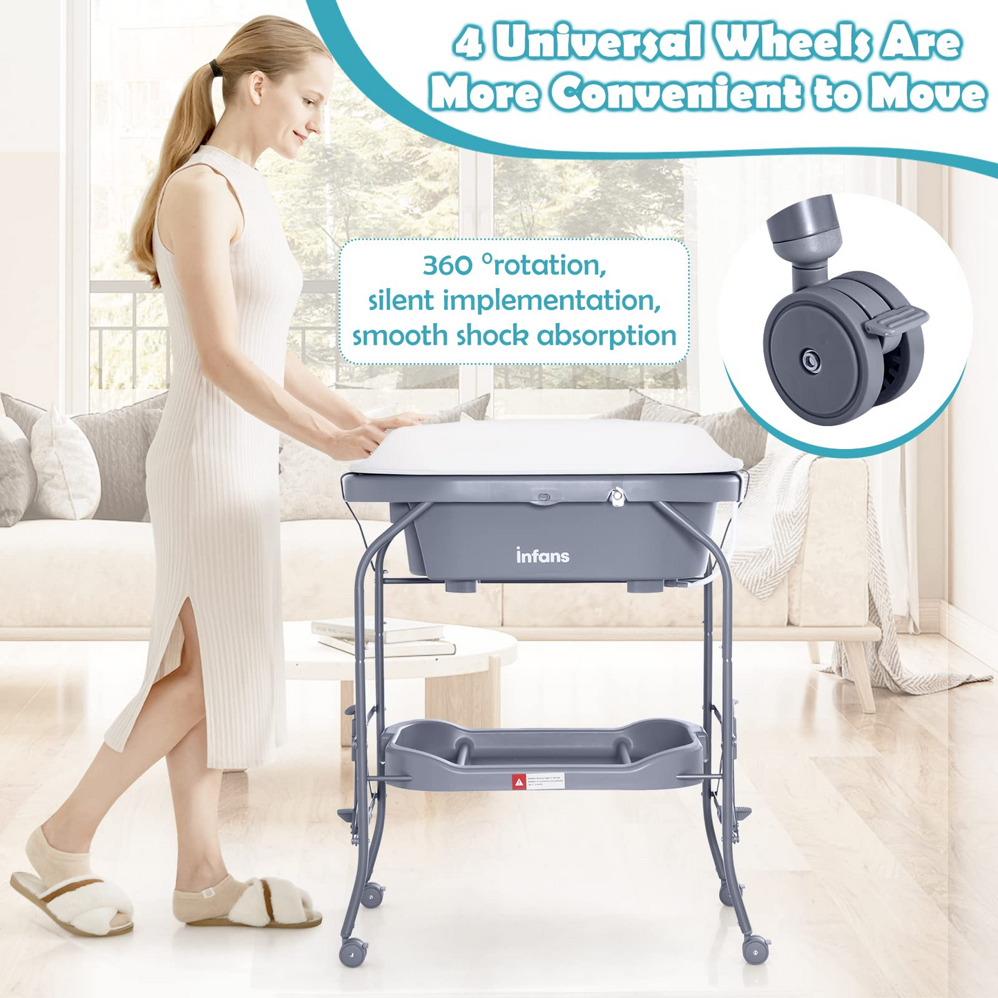 OLAKIDS 2 in 1 Baby Changing Table with Bath Tub Unit, Folding Diaper Dresser Station with Wheels Waterproof Pad Storage Rack OLAKIDS