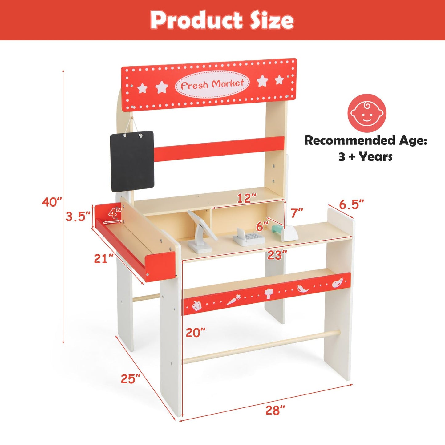 OLAKIDS Grocery Store Marketplace Toy, Kids Wooden Market Stand Pretend Play Set