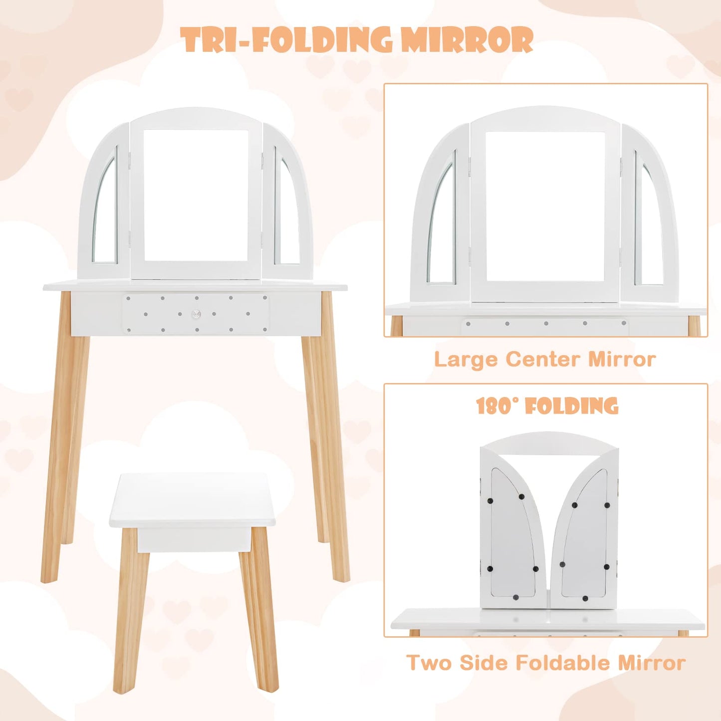 OLAKIDS Kids Vanity Table and Chair Set, Pretend Beauty Play Vanity Set with Tri-Folding Mirror Drawer Stool and Detachable Top, 2 in 1 Wooden Princess Makeup Dressing Table for Girls OLAKIDS