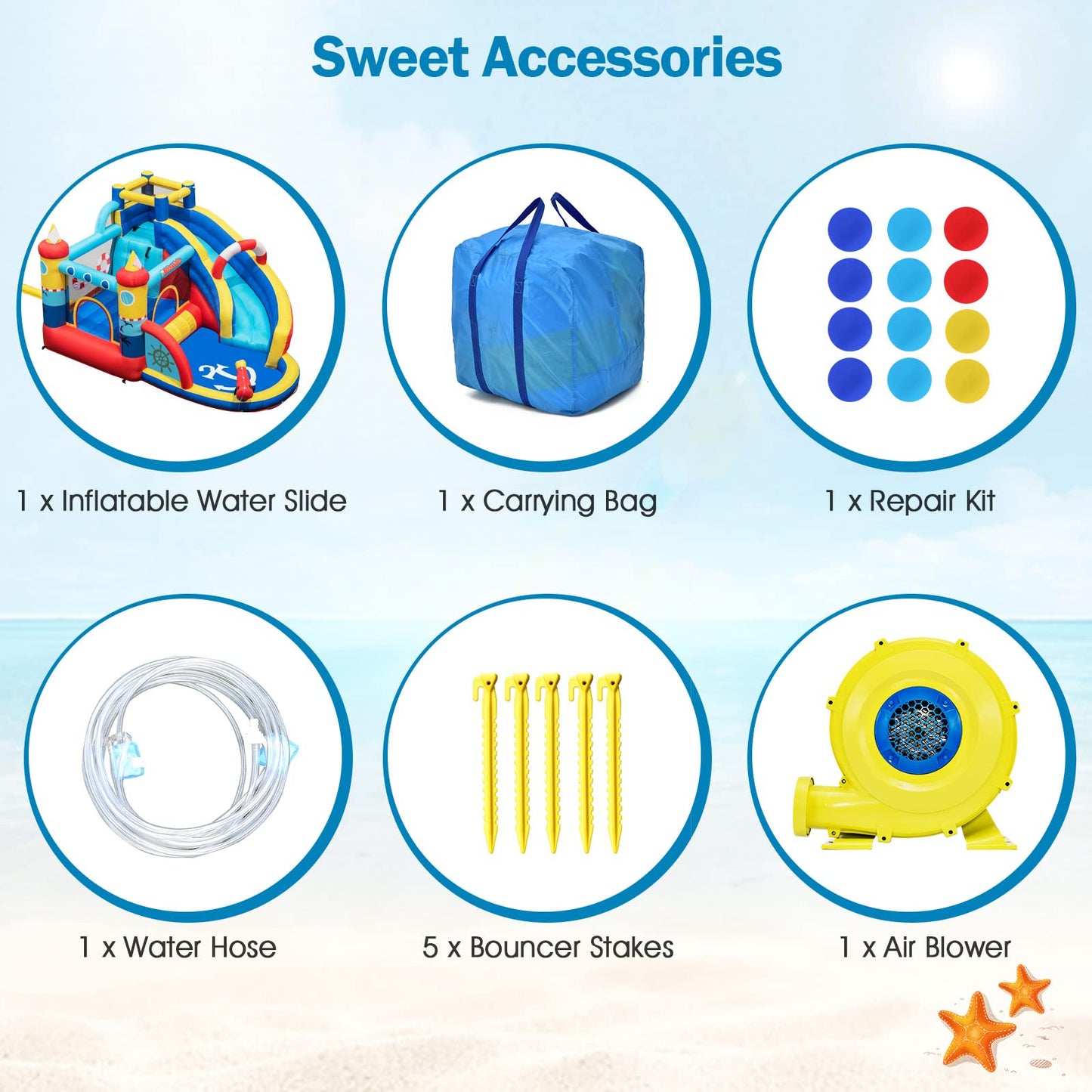 Inflatable Water Slides, Nautical Themed Bouncy House with Slide, Splash Pool, Climbing Wall, Water Gun