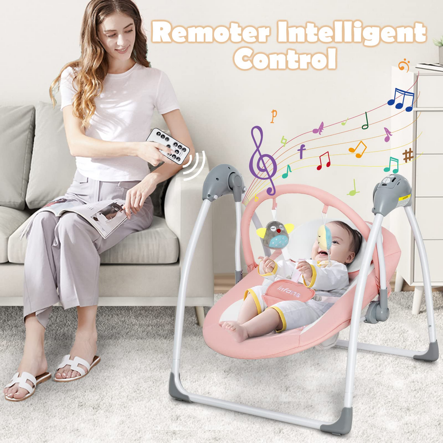 OLAKIDS Baby Swing for Infants, Compact Portable Baby Electric Rocker for Newborn with 5 Speed Natural Sway Music Timing 2 Toys Remote Control, Easy Fold, 0-6 Months Boy Girl (Grey) OLAKIDS