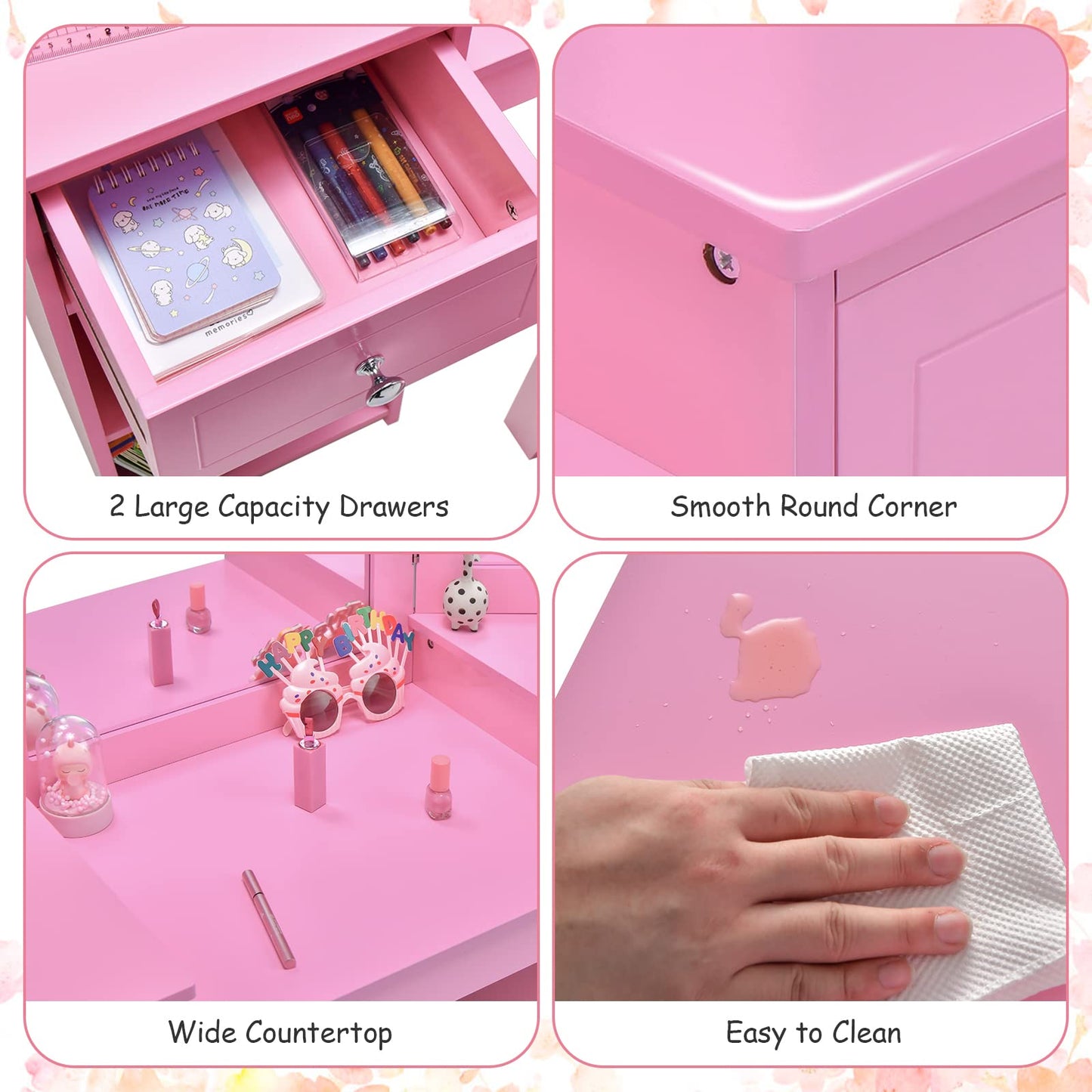 OLAKIDS Kids Vanity, 2 in 1 Princess Makeup Desk and Chair Set with Drawers Tri-Folding Detachable Mirror Large Storage Shelves