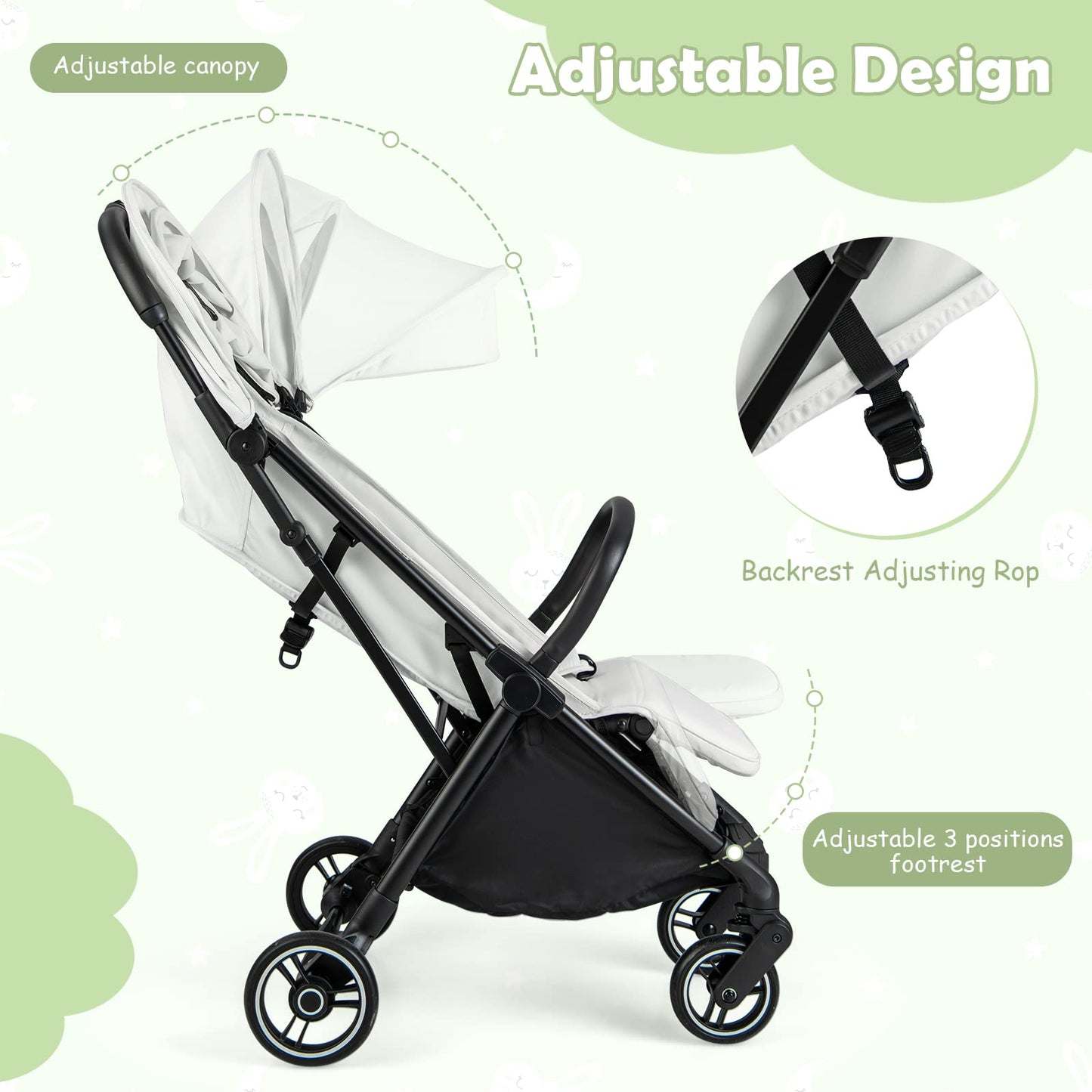 INFANS Lightweight Baby Stroller, One-Hand Gravity Fold, Compact Travel Stroller for Airplane with Aluminium Frame, Adjustable Backrest and Canopy, Foldable Infant Toddler Stroller for 0-36 Month