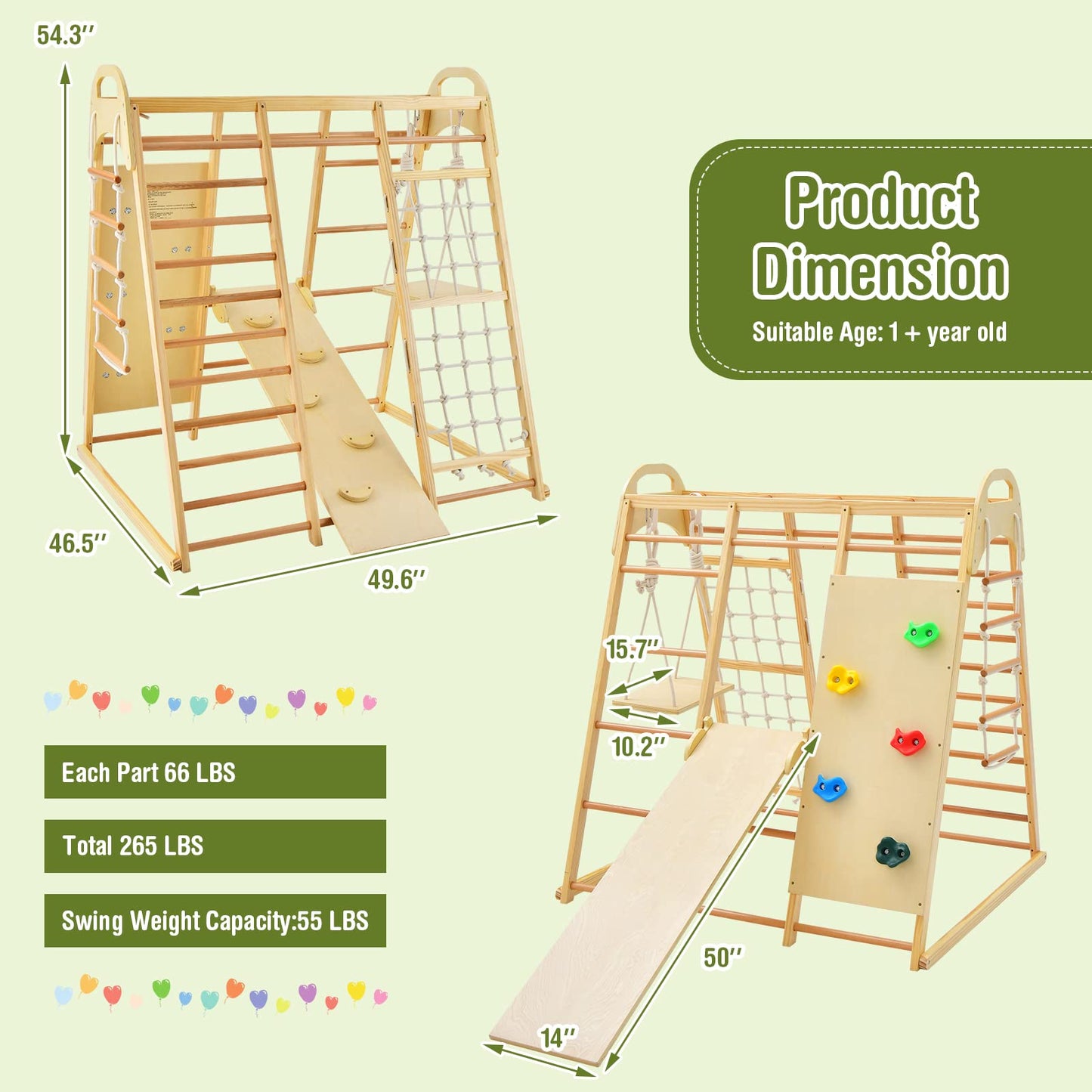 OLAKIDS 8 in 1 Climbing Toys for Toddlers, Kids Wood Montessori Climber Playset, Indoor Playground Jungle Gym