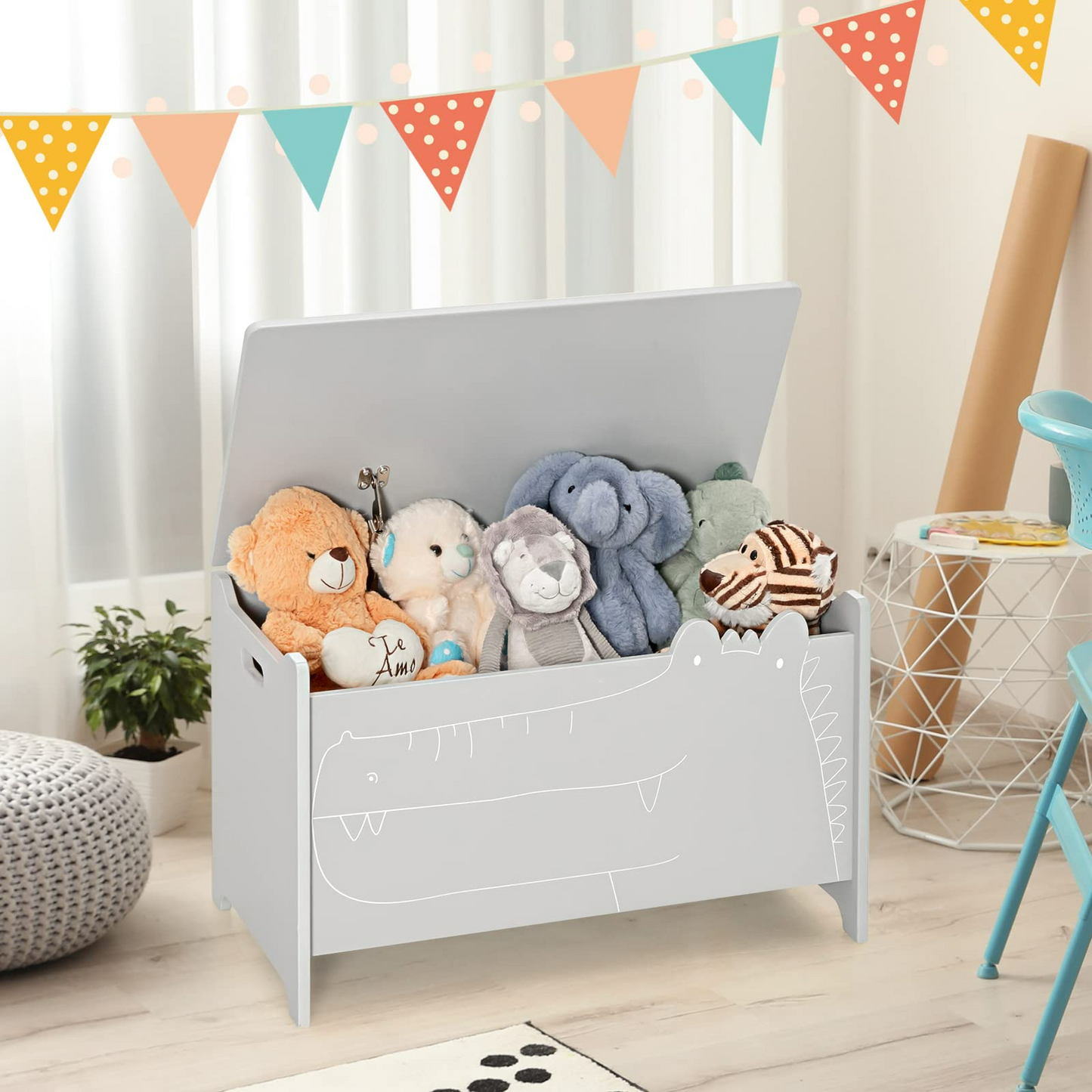 OLAKIDS Wooden Toy Chest , Wide Kids Toy Box Storage Space with Safety Hinge and Handles OLAKIDS