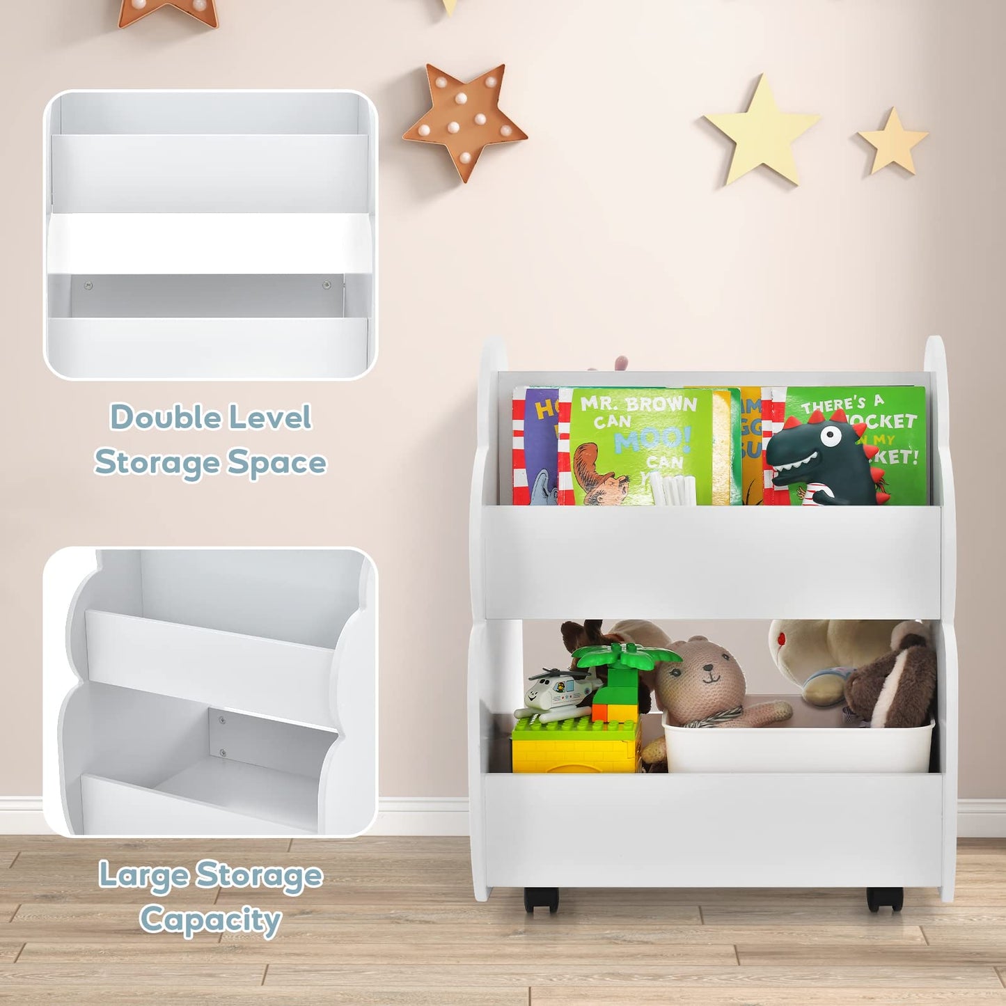 OLAKIDS Kids Bookshelf with Wheels, Wooden Bookcase Toy Storage Cabinet Organizer Holder