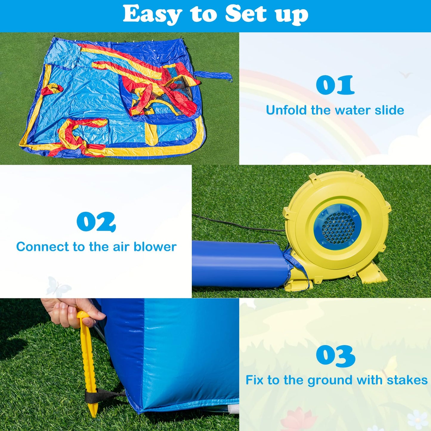 OLAKIDS Inflatable Water Slide, 8 in 1 Bounce House Water Park with 2 Slides Splash Pools, Climbing Wall, Water Gun, Basketball Rim, Outdoor Inflatable Obstacle Course for Kids(without air blower