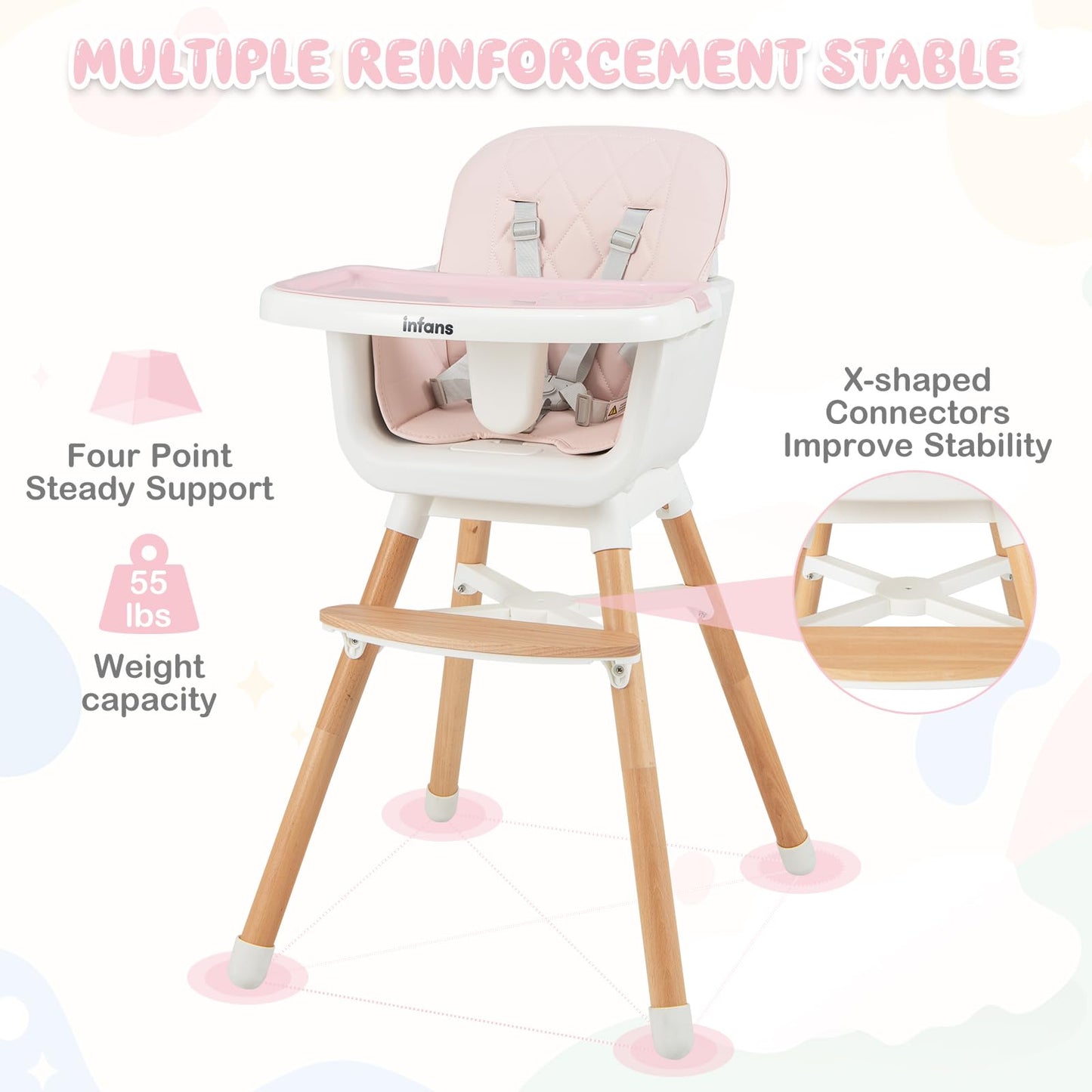 OLAKIDS Baby High Chair, 6 in 1 Convertible Wooden Highchair, Infant Feeding Chair