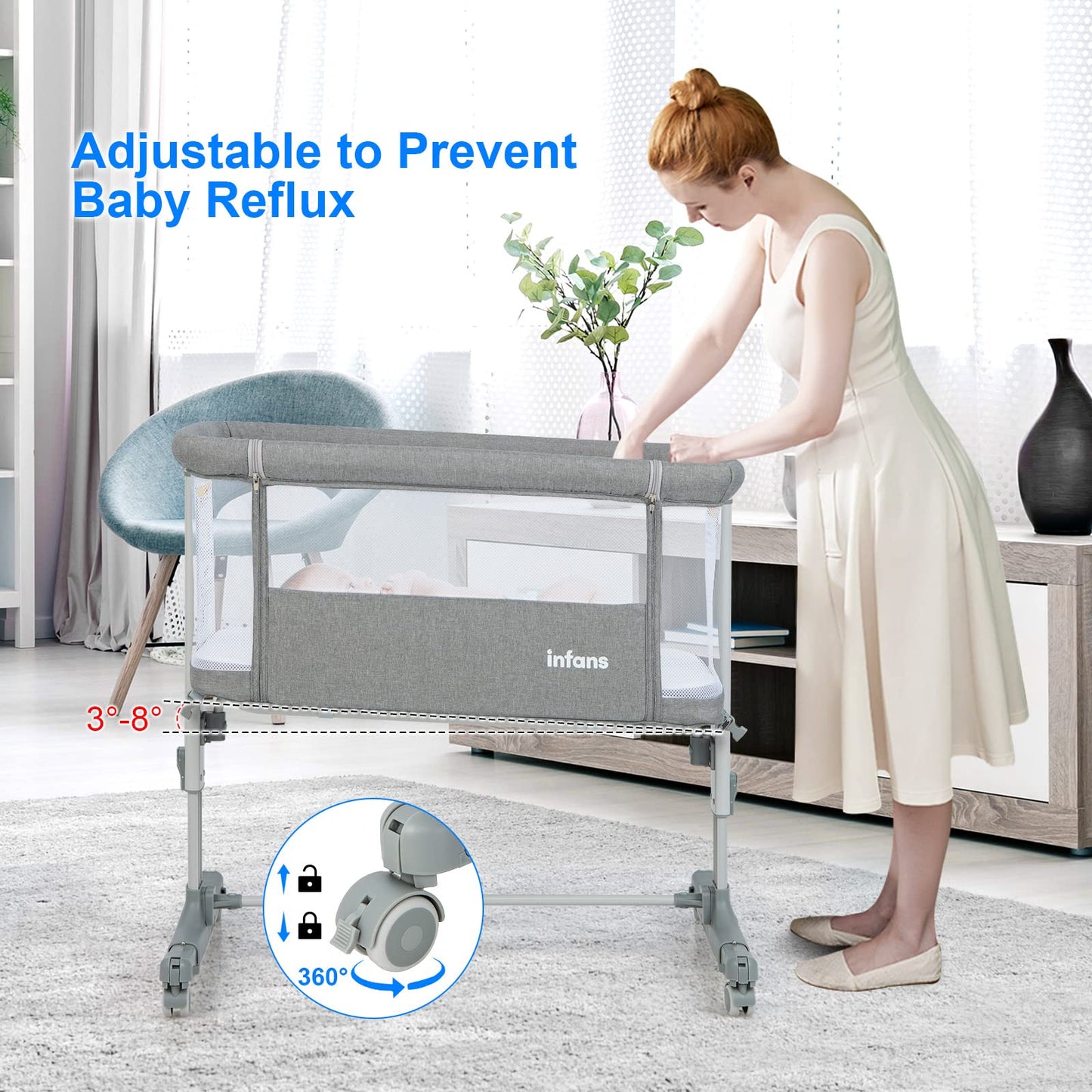 INFANS 3 in 1 Baby Bassinets, Bedside Sleeper for Newborn, Folding Crib with Mattress, Travel Bag, Wheels, 4-Sided Mesh, Easy to Assemble Cradle Co Sleeper Stationary, Rock