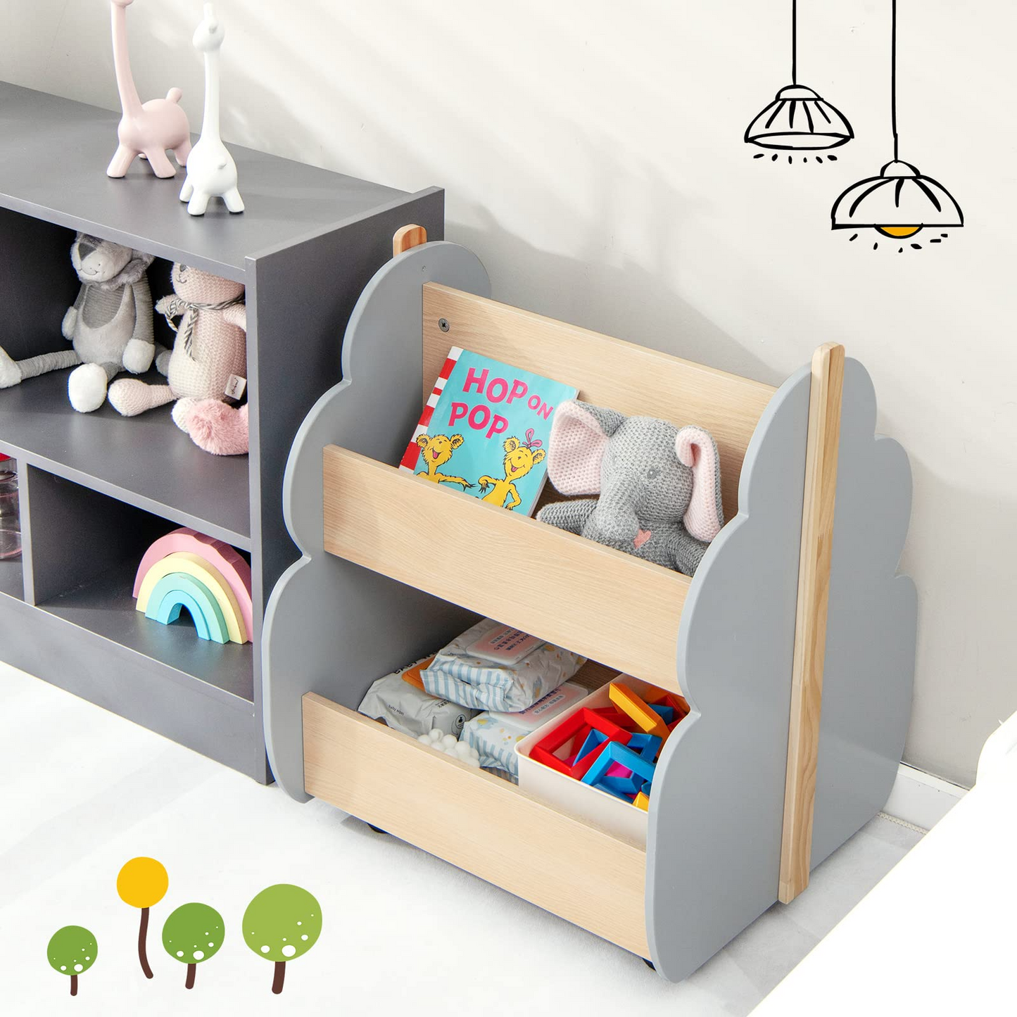 OLAKIDS Kids Bookshelf with Wheels, Wooden Bookcase Toy Storage Cabinet Organizer Holder OLAKIDS