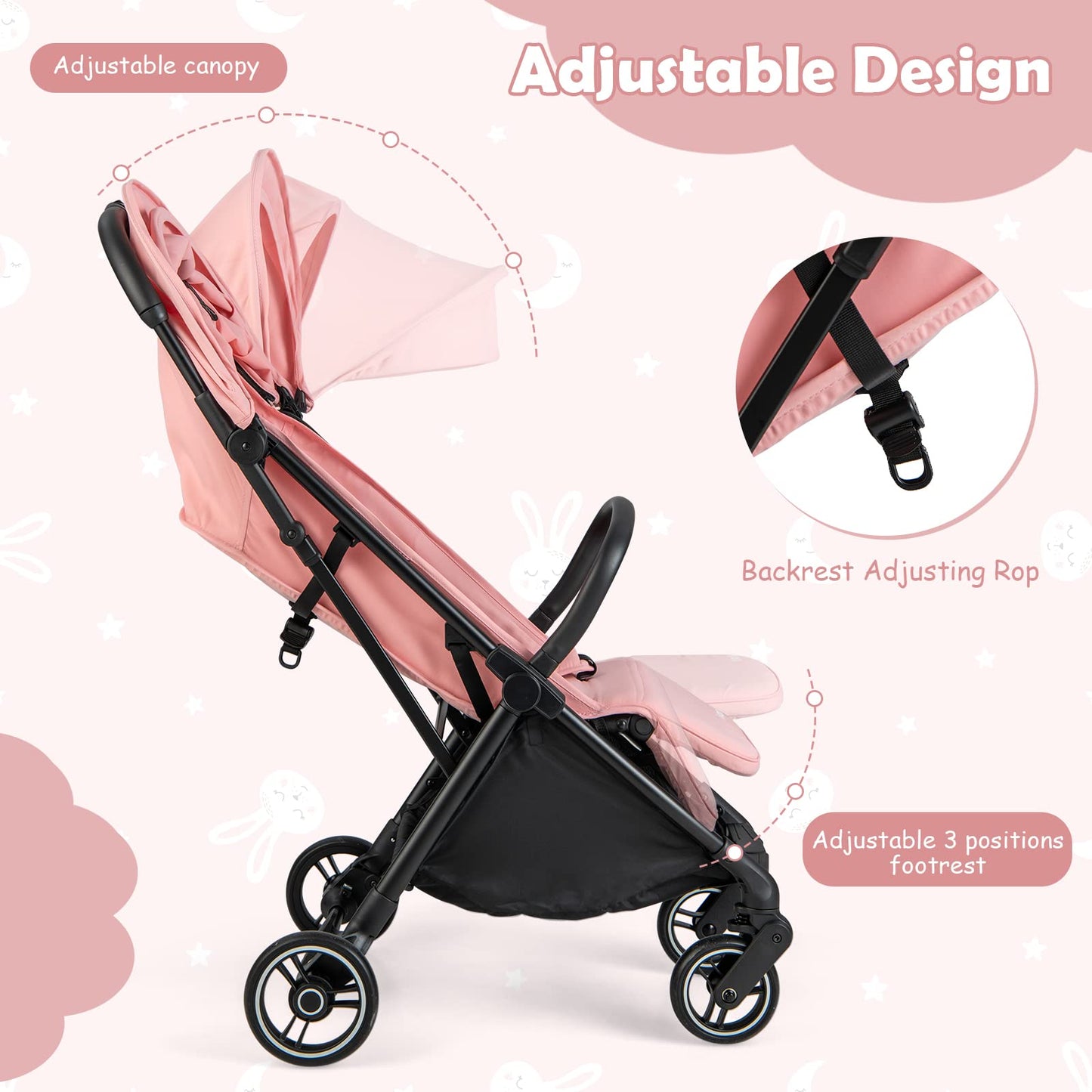 INFANS Lightweight Baby Stroller, One-Hand Gravity Fold, Compact Travel Stroller for Airplane with Aluminium Frame, Adjustable Backrest and Canopy, Foldable Infant Toddler Stroller for 0-36 Month