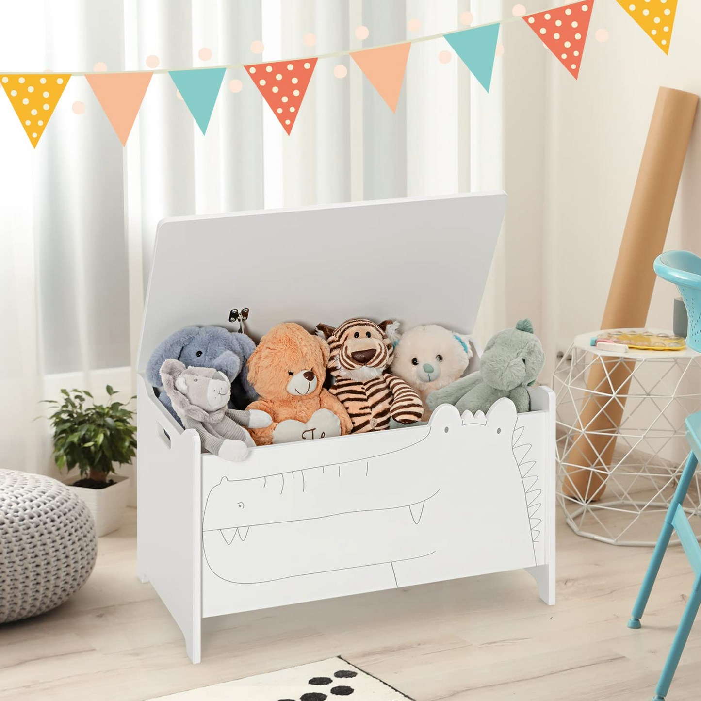 OLAKIDS Wooden Toy Chest , Wide Kids Toy Box Storage Space with Safety Hinge and Handles OLAKIDS