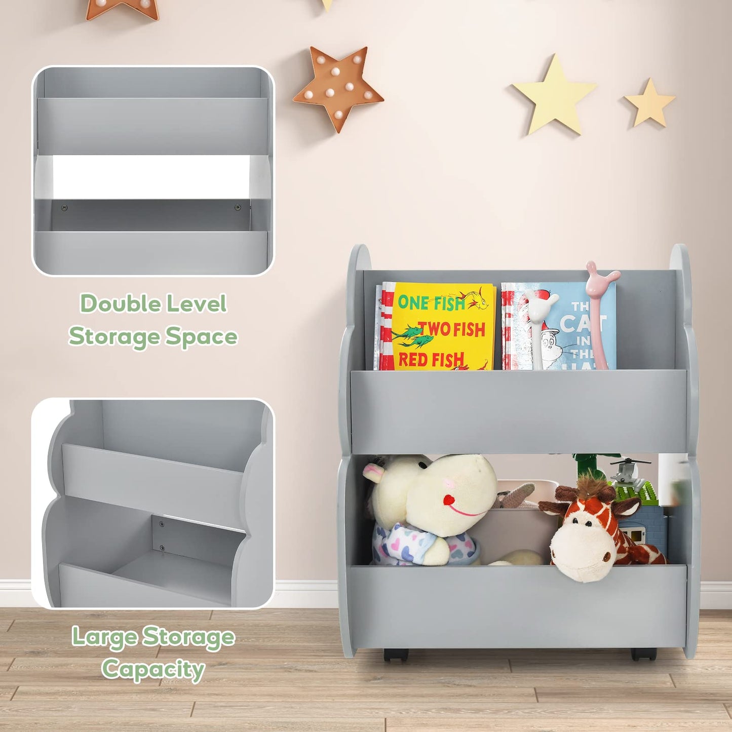OLAKIDS Kids Bookshelf with Wheels, Wooden Bookcase Toy Storage Cabinet Organizer Holder
