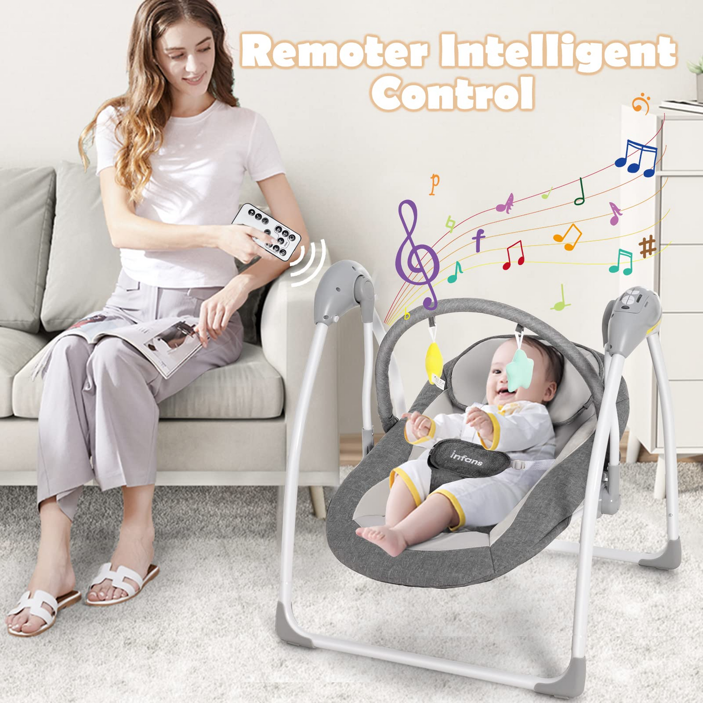 OLAKIDS Baby Swing for Infants, Compact Portable Baby Electric Rocker for Newborn with 5 Speed Natural Sway Music Timing 2 Toys Remote Control, Easy Fold, 0-6 Months Boy Girl (Grey) OLAKIDS