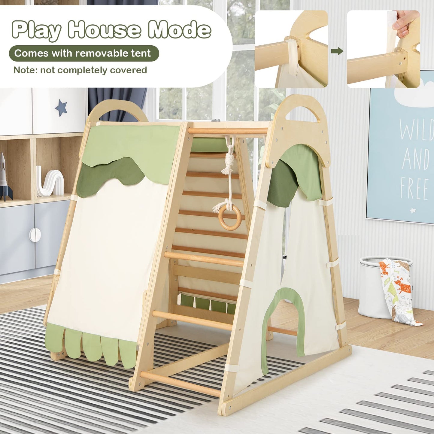 OLAKIDS 7 in 1 Kids Indoor Playground, Wooden Montessori Climber Playset with Tent Slide Climbing Rock Climbing Net