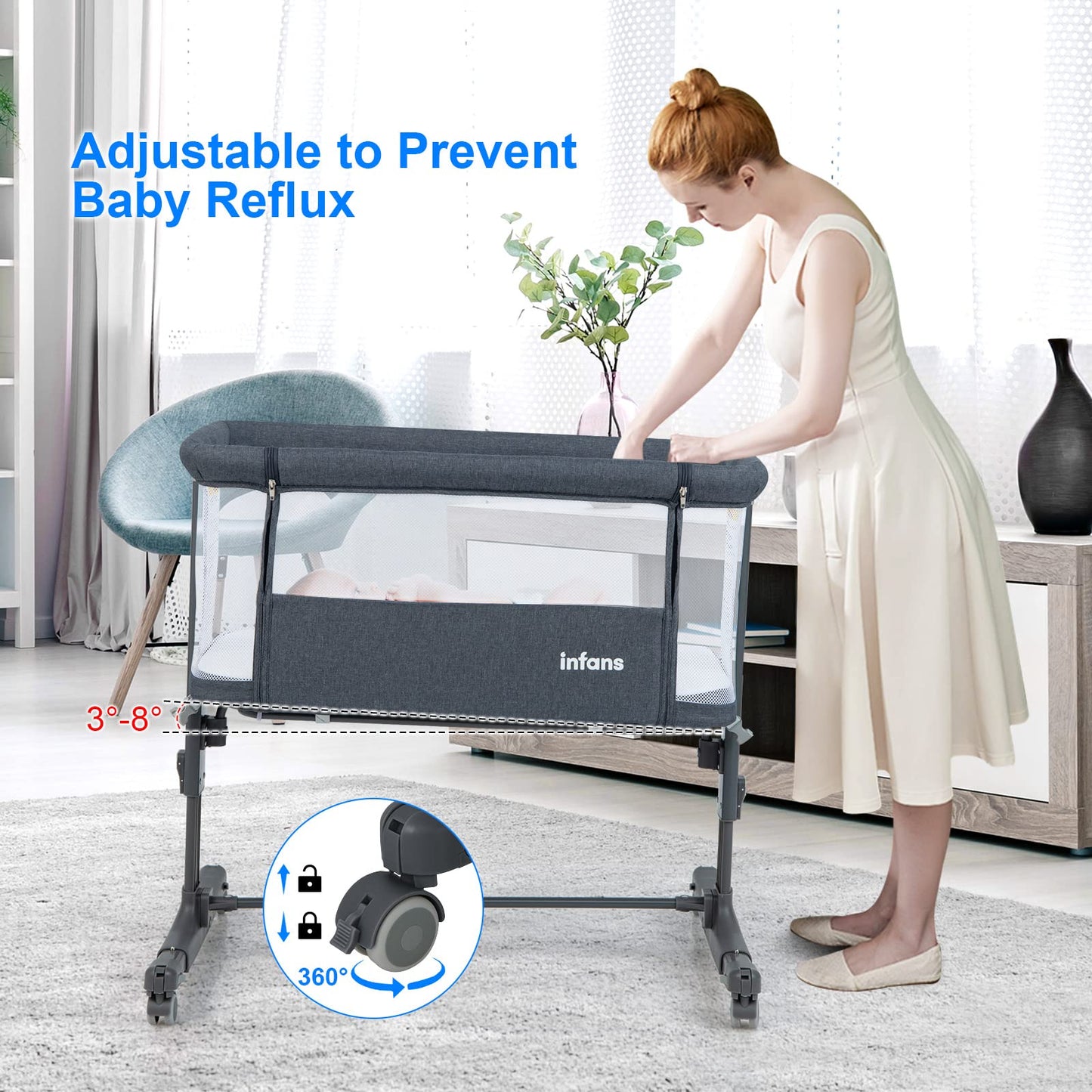 INFANS 3 in 1 Baby Bassinets, Bedside Sleeper for Newborn, Folding Crib with Mattress, Travel Bag, Wheels, 4-Sided Mesh, Easy to Assemble Cradle Co Sleeper Stationary, Rock