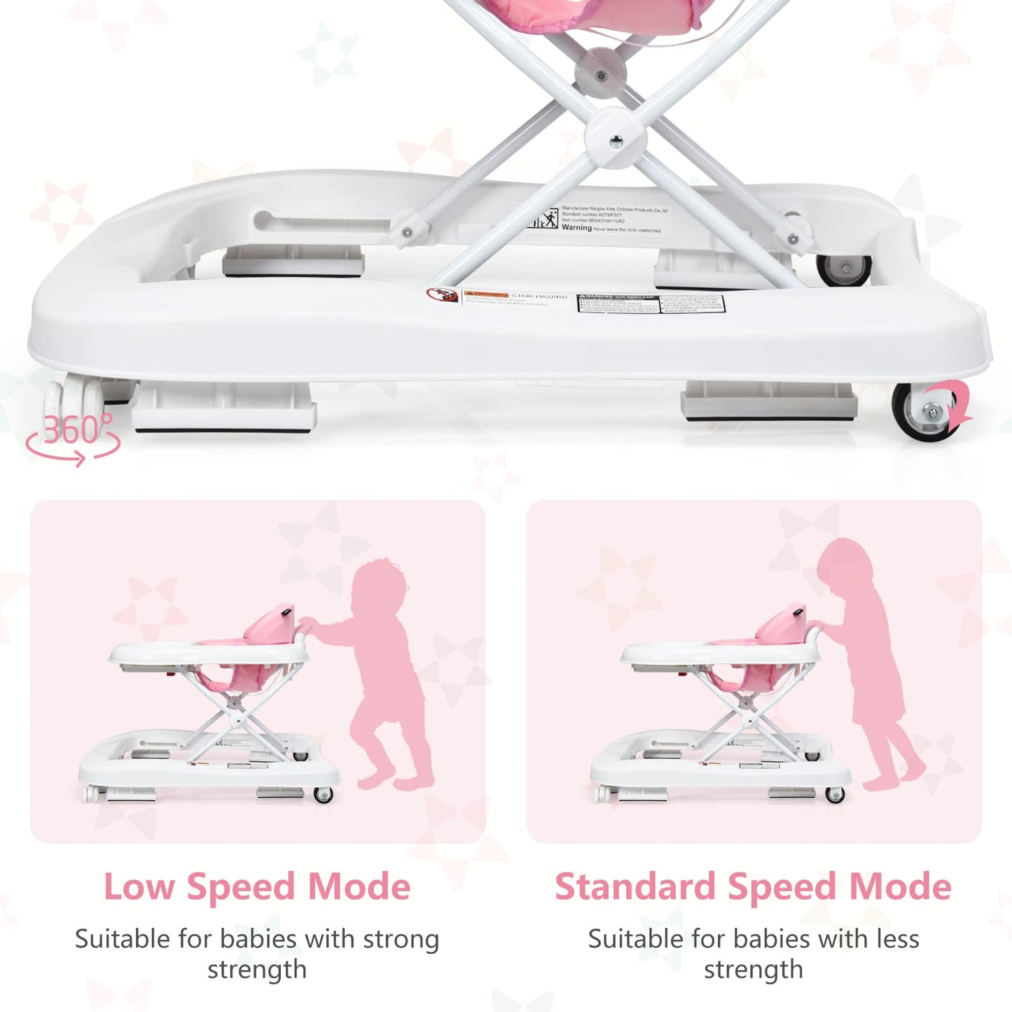 INFANS Foldable Baby Walker, 3 in 1 Toddler Walker Learning-Seated Walk-Behind for Boys and Girls, Adjustable Speed Rear Wheels, Safety Bumper, Detachable Seat Cover, Anti-Rollover (Pink)